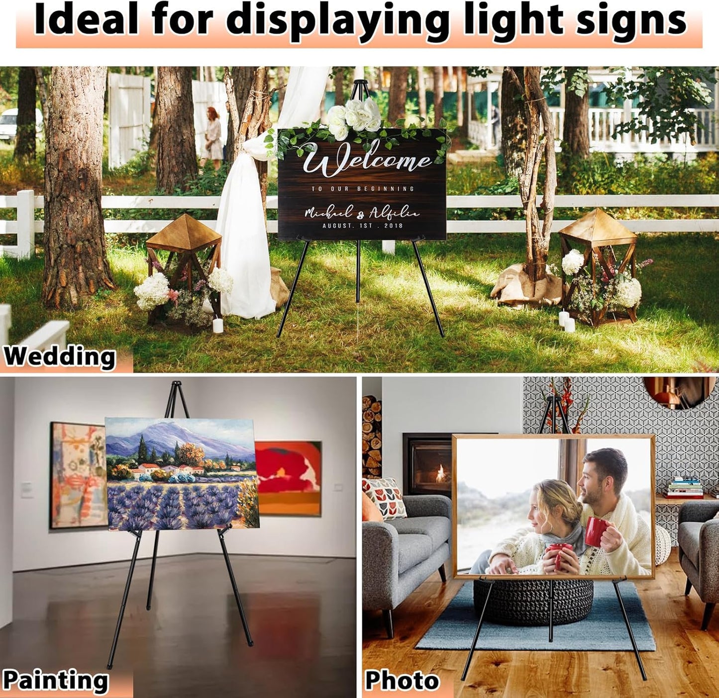 Instant Display Easel Stand & 63" Portable Artist Floor Easels - Easy Folding Telescoping Adjustable Art Poster Metal Easels for Painting Canvas, Wedding Signs, Posters (6 Pack)