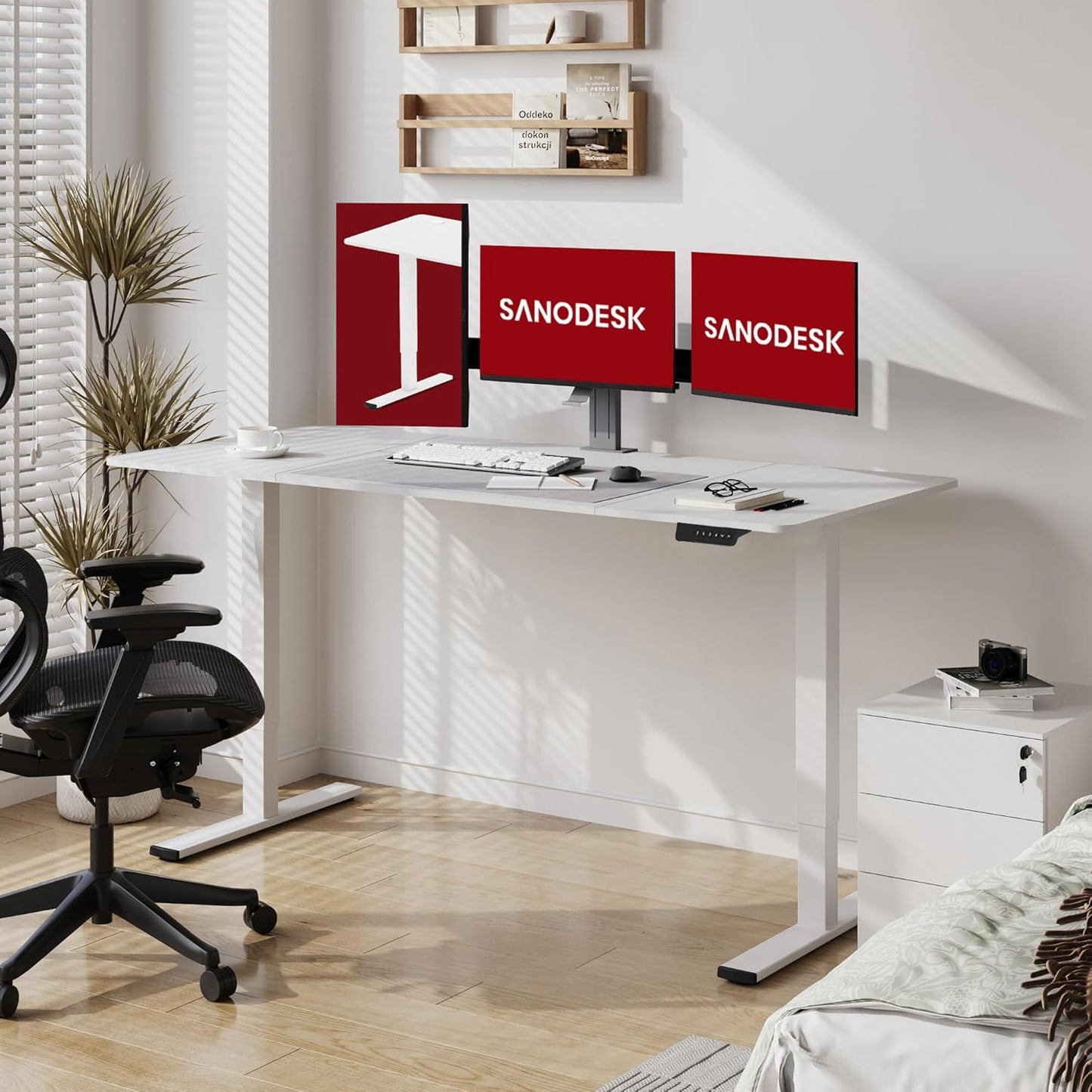 SANODESK Electric Standing Desk 71x32 Inch Height Adjustable Stand Up Desk Home Office Computer Workstation Sit Stand Home Office Desk with Splice Board (White Frame + White Top)