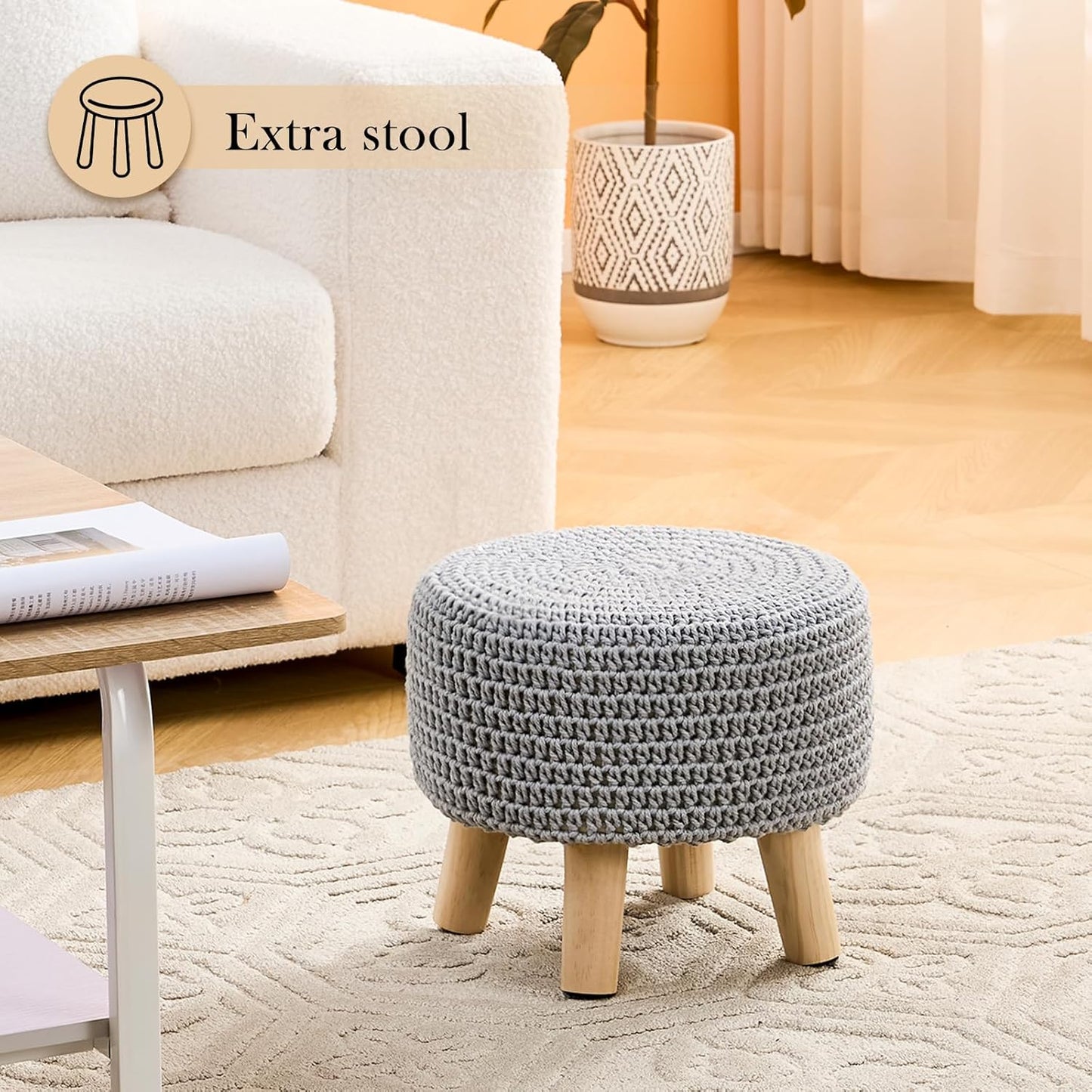 Boho Ottoman Foot Stool Cotton Knitted Round Pouf Ottoman Foot Rest Stool with Non-Skid Wooden Legs Step Stool Padded Seat for Living Room Gray