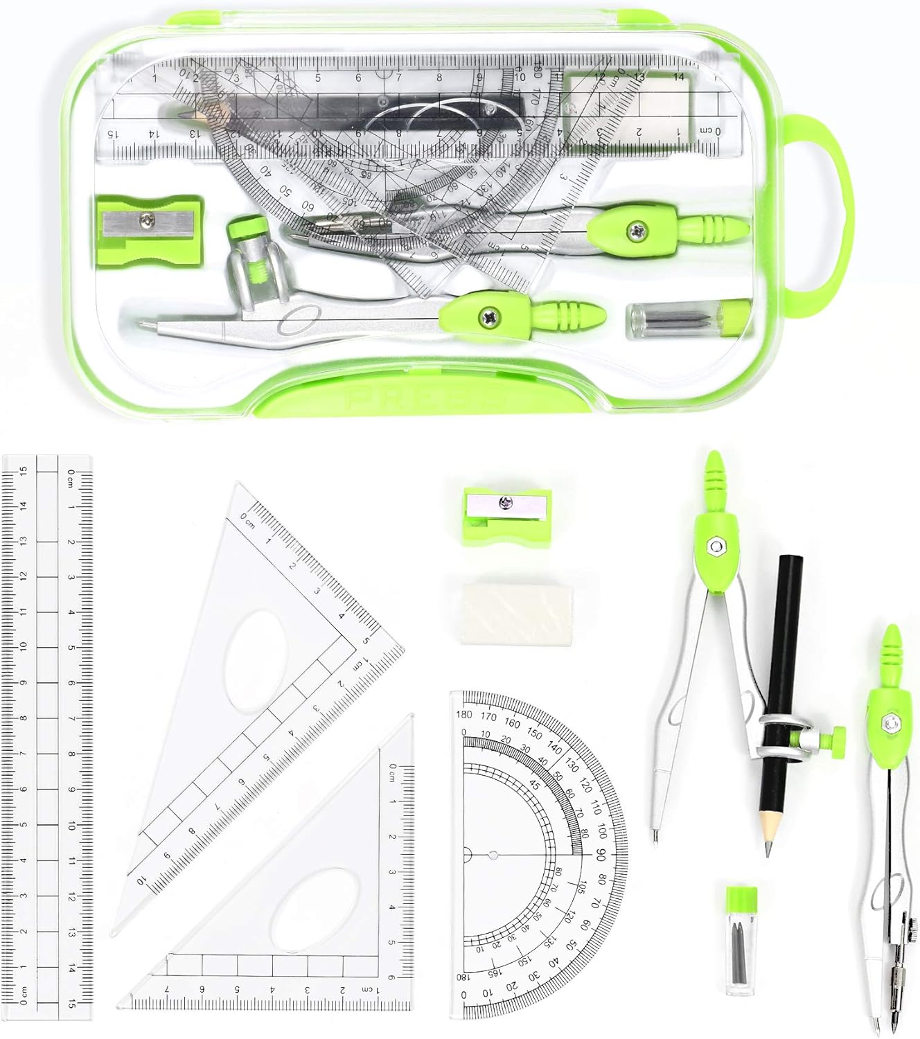 Math Geometry Kit Sets 10 Piece Student Supplies with Shatterproof Storage Box,Includes Rulers,Protractor,Compass,Eraser,Pencil Sharpener,Lead Refills,Pencil,for Drafting and Drawings（Green）