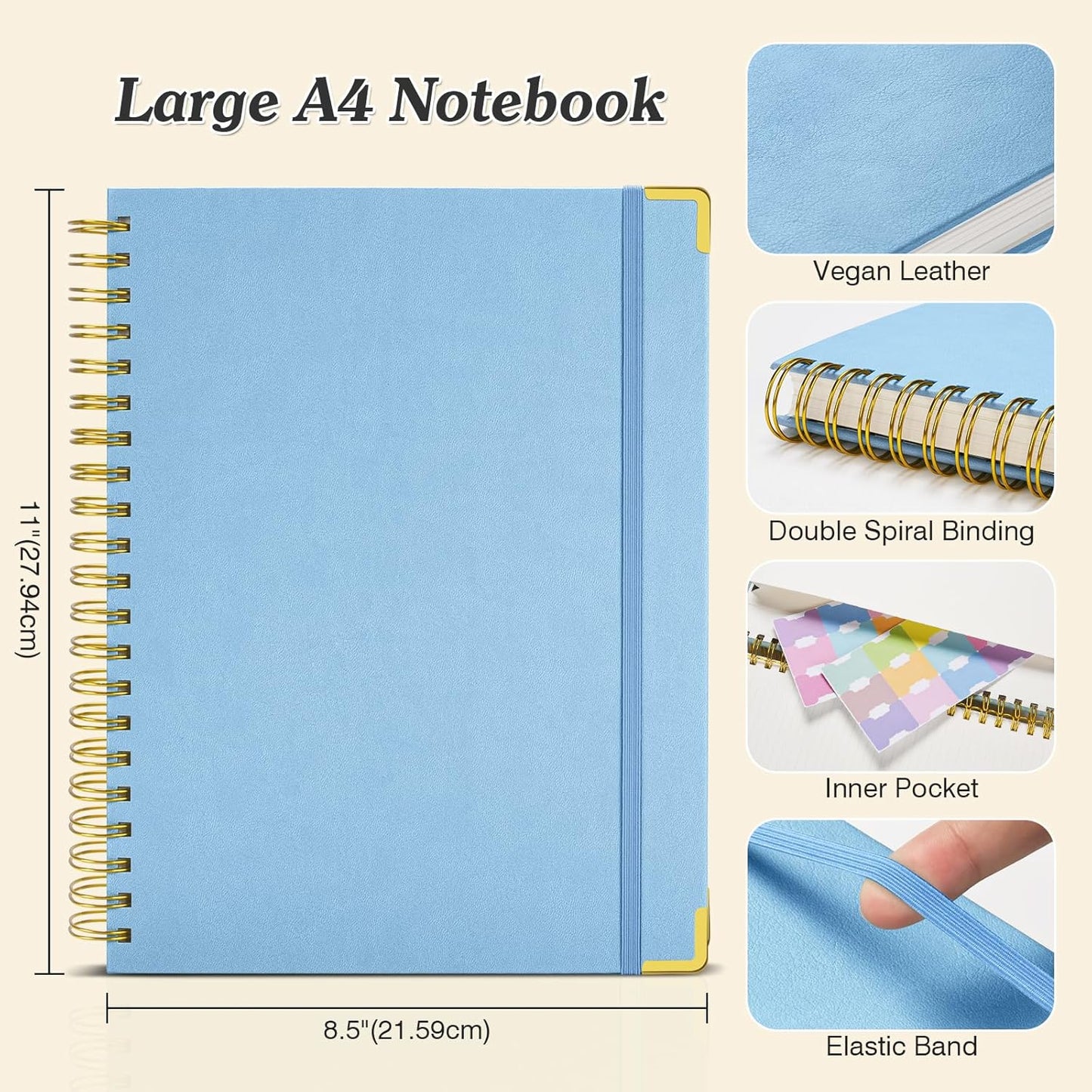 Bullet Dotted Journal Spiral Notebook, 300 Pages Leather Notebooks with Contens, 120 GSM Thick No Bleed Through Paper Journals, A4 Dot Grid Notebook for Women Men Work Writing, 8.5" x 11", Light Blue