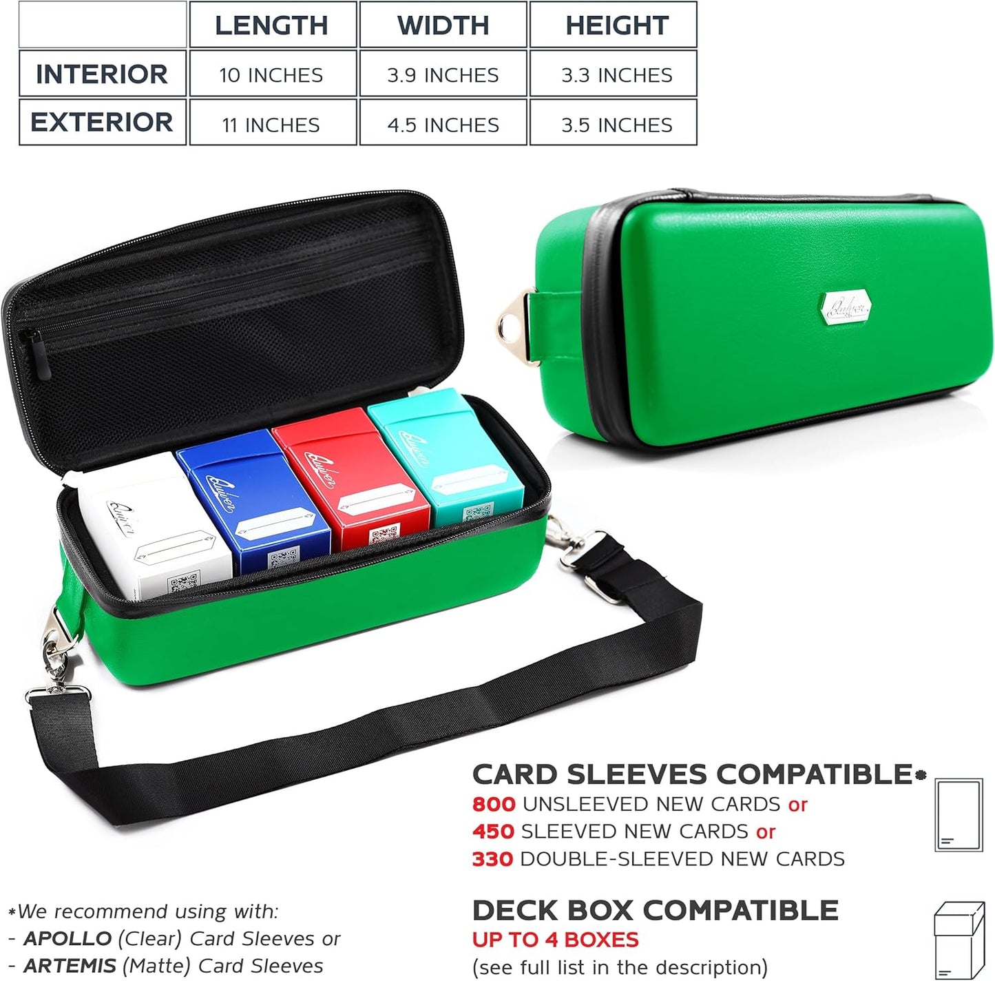 Quiver Time Green Bolt Card Carrying Case fits Pokemon Cards and other TCG Games - Storage Bag for Playing/Trading Cards and Deck Box (Straps, Dividers & 100 Apollo Card Sleeves)