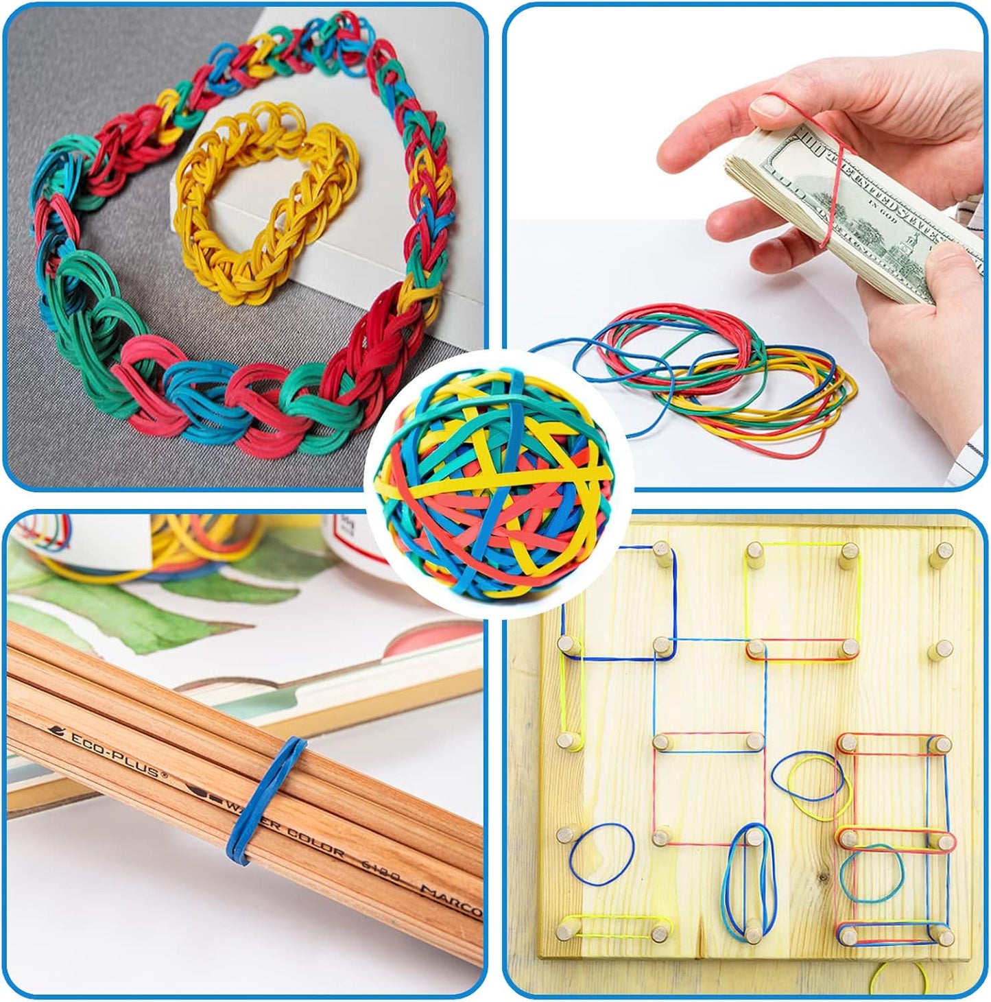 Anvin Rubber Band Ball 110 Around Rubber Bands 100g Elastics Colorful Bands Wrapping Bands Durable Bands for Stationery Document Organizing Stocking Fillers(Assorted Colors in Blue Green Red Yellow)