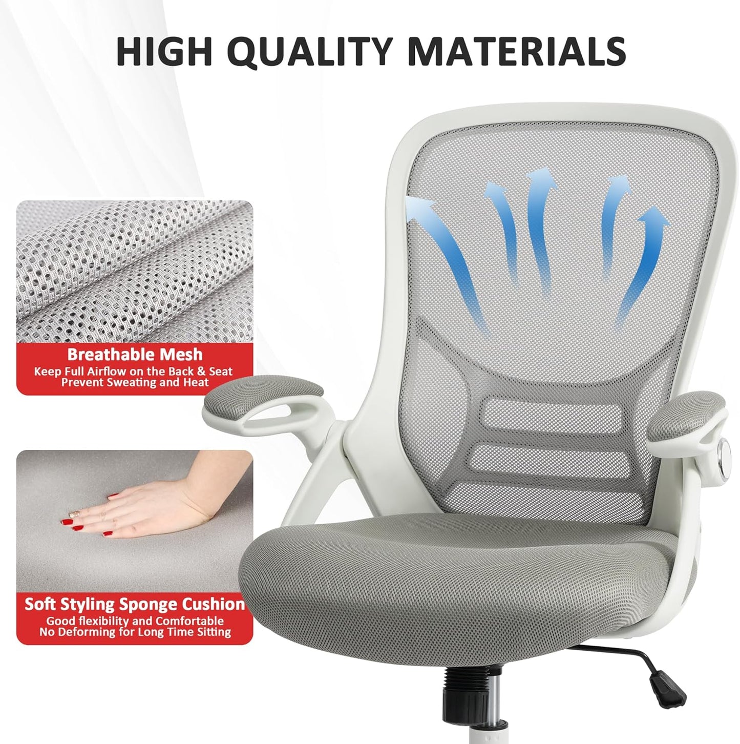 HYLONE Office Chair Ergonomic Desk Chair with Adjustable Armrests, Mesh Executive Chair, Home Office Computer Chairs for Long Hours(Grey)