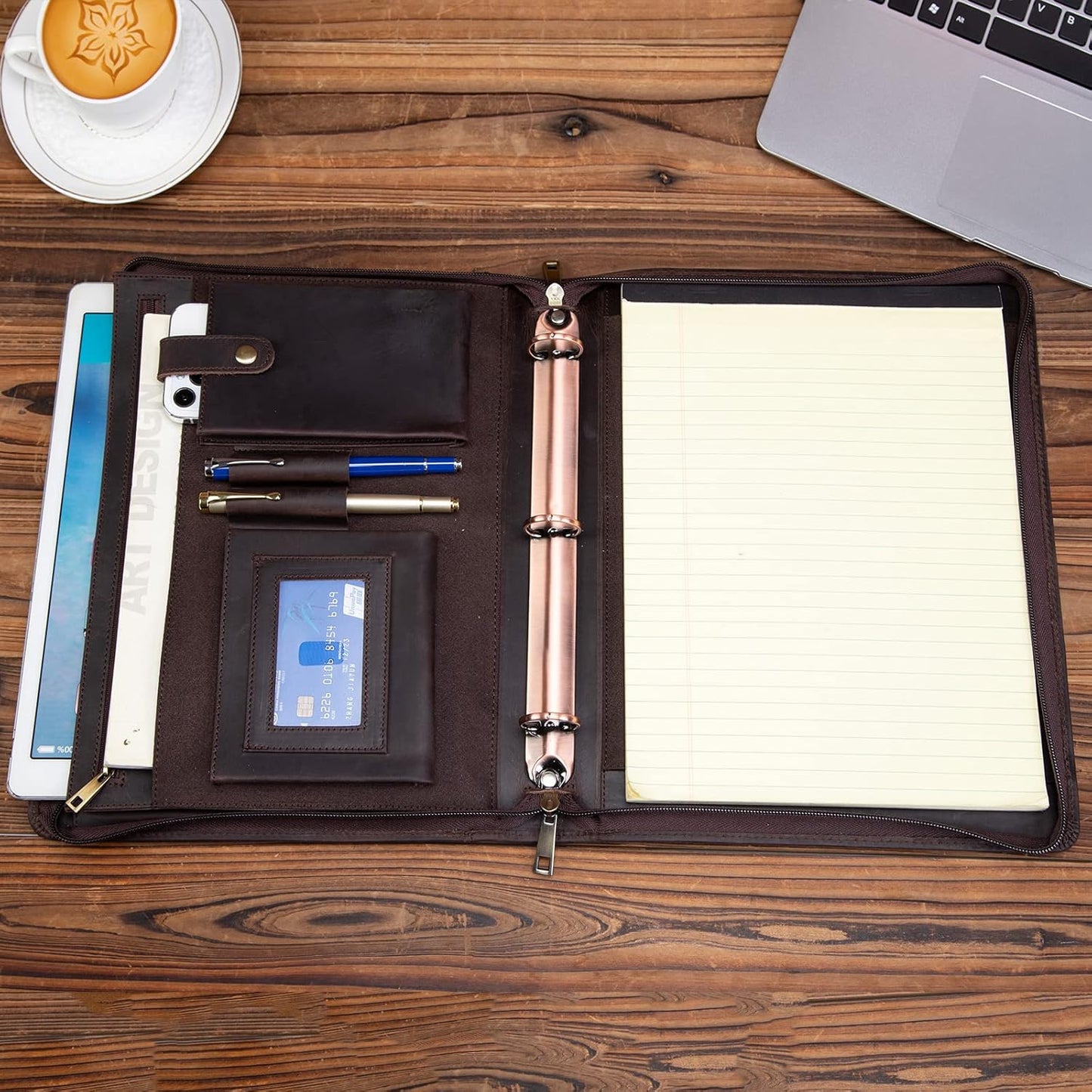 Professional Leather Business Padfolio Portfolio Case, 3 Ring Binder,Zippered Business Document Organizer Tablet Holder Folder Case,with Letter Size Notepad (Dark Brown)