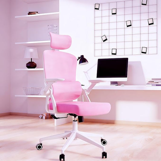 Ergonomic Office Chair - 400LB Comfy Desk Chairs with Adjustable Headrest and Lumbar Back Support, Mesh Computer Chairs with Wheels and Arms for Home Office, Study (218Pink-With Headrest)