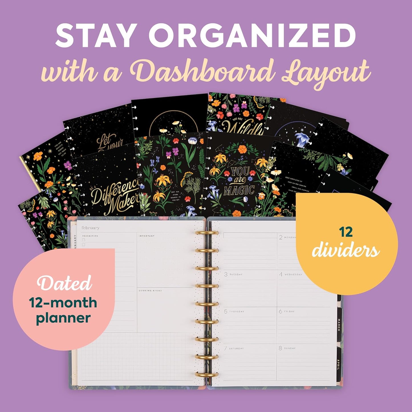 Happy Planner Disc-Bound Planner Jan.–Dec. 2026, Includes 3 Extra Months and 2 Sticker Sheets, Classic Size, 7" x 9.25", Dashboard Layout, Grounded Magic