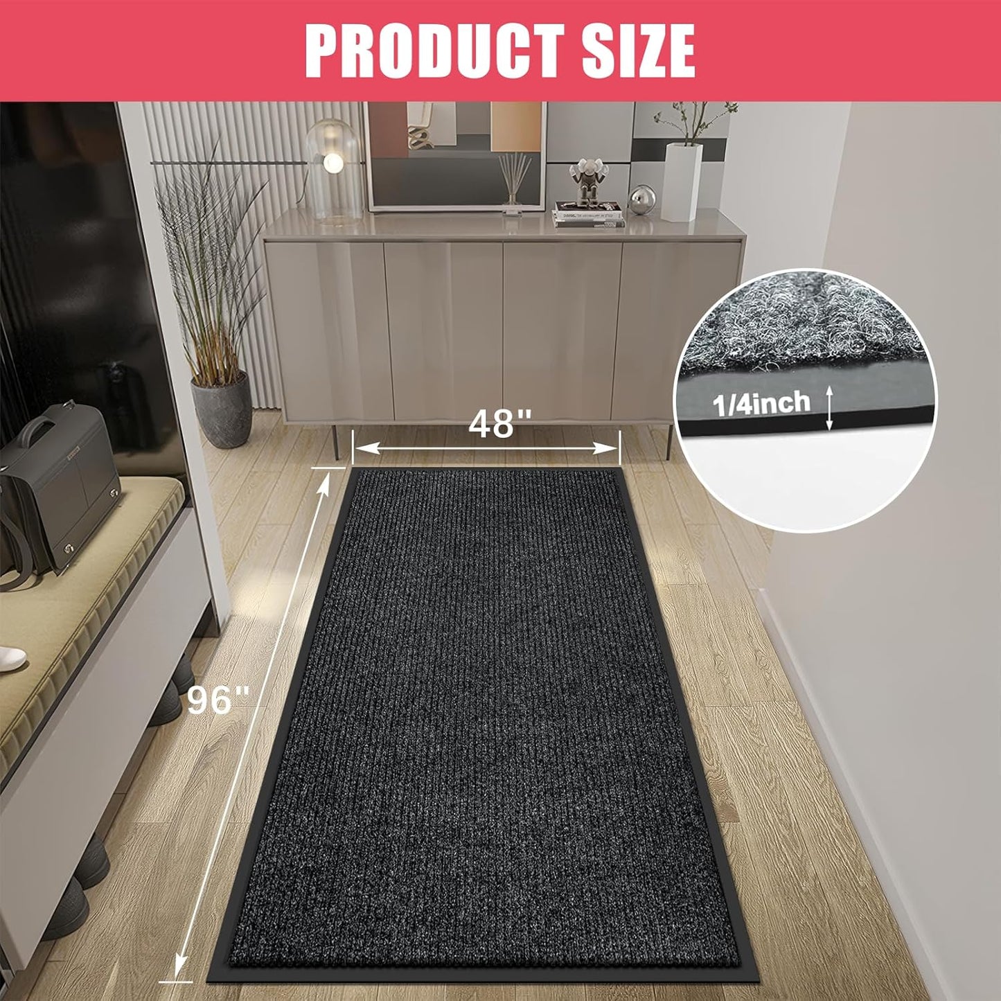 Kuyal Front Door Mat, 4'x8' Indoor Outdoor Entrance Mat, Commercial Floor Mats Inside Outside Entrance, Heavy Duty Durable Welcome, Rubber Backing Non Slip Outdoor Mats for Entryway,Black