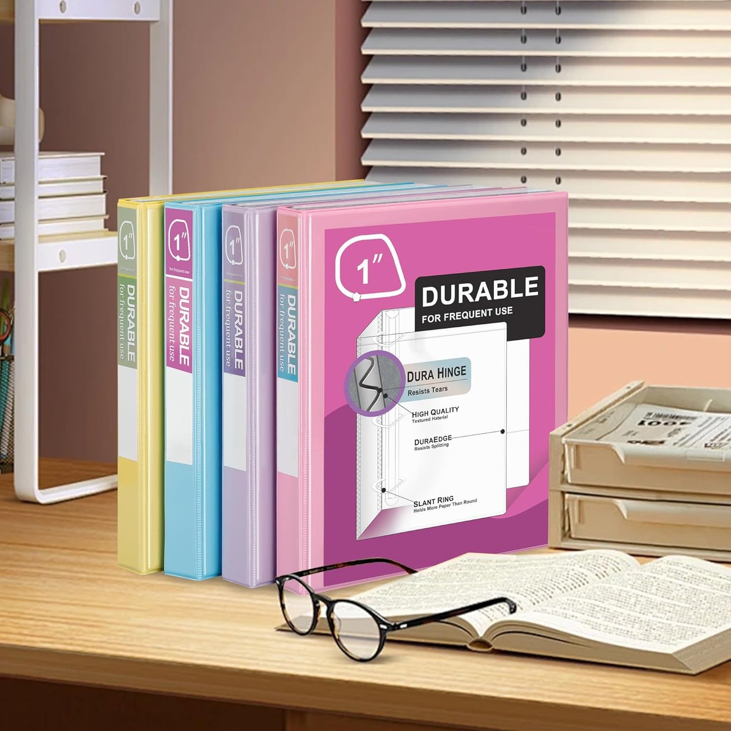 Zzrywuty Durable 3 Ring Binder, 1 Inch, Economy 4 Pack, Each Holds 225 Pages, D-Ring Presentation View Binders for Office, School, Home (Pastel Assortment)