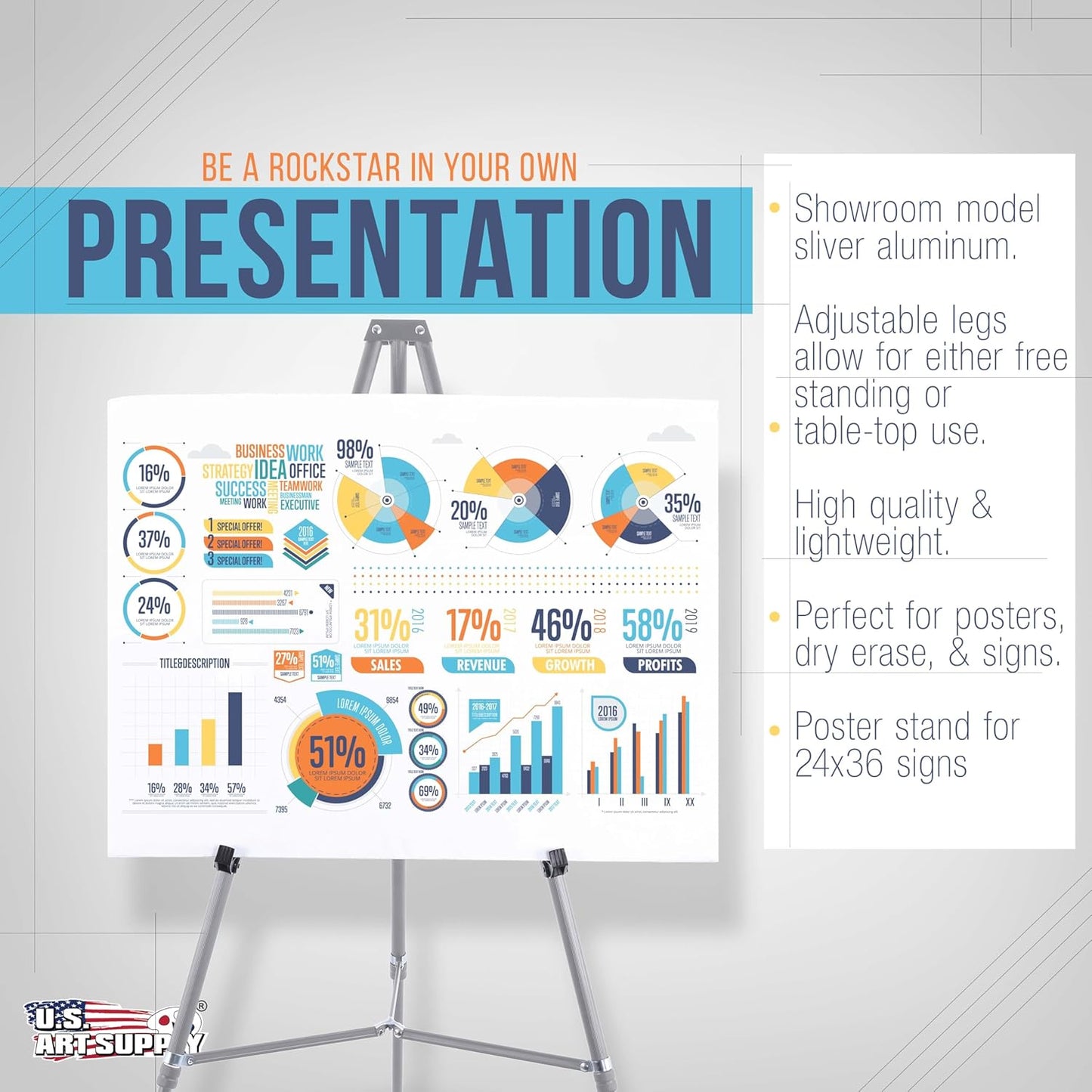 U.S. Art Supply 66" High Gallery Silver Aluminum Display Easel and Presentation Stand (Pack of 4) - Large Adjustable Height Portable Floor and Tabletop Tripod, Holds 25 lbs, Paintings, Signs, Posters