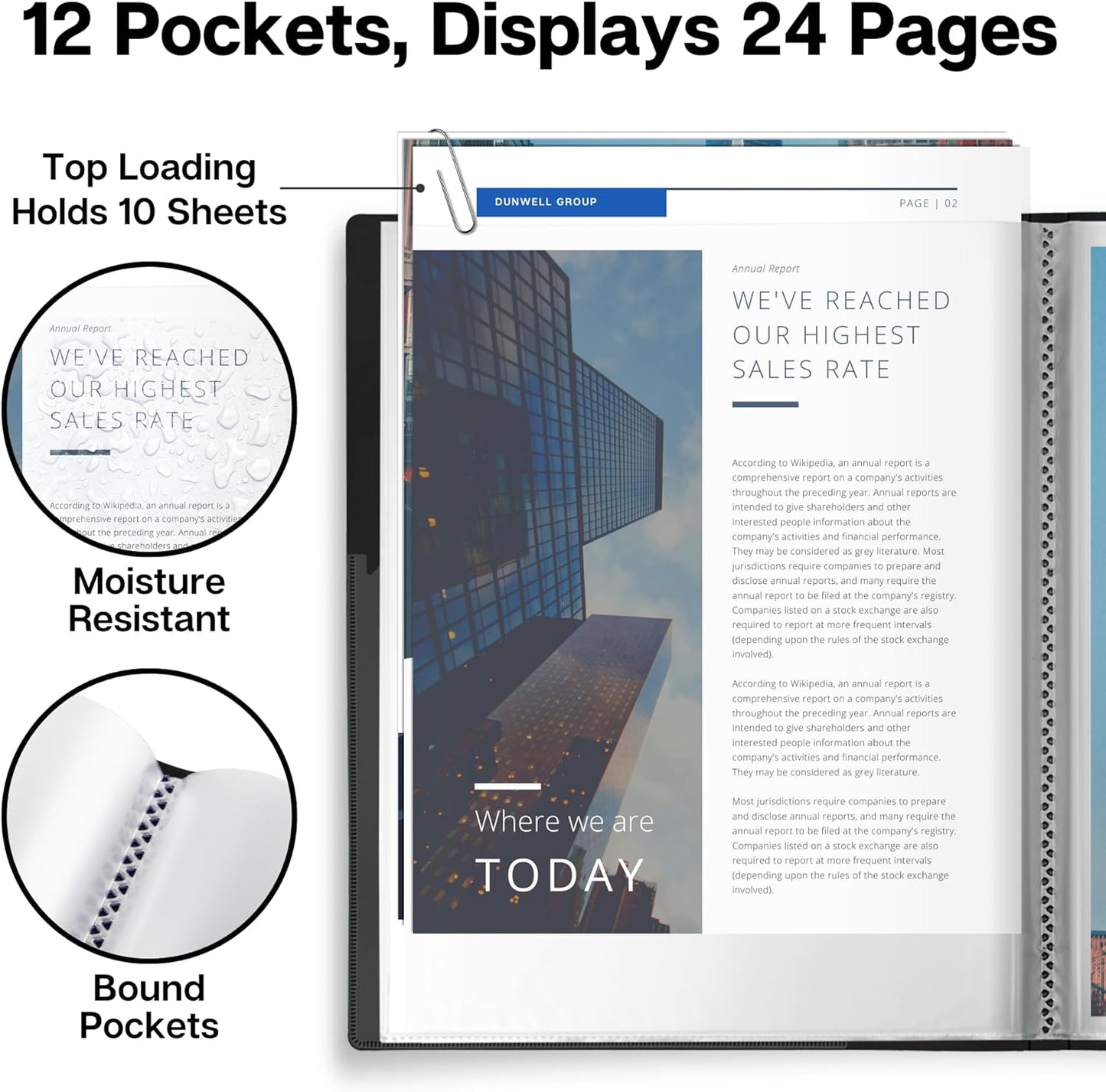 Dunwell Presentation Binder 12-Pocket, Displays 24 Pages, 8.5x11 Portfolio Binder with Plastic Sleeves, Storage and Organizer for Documents, Certificates, Projects, Photos (3 Pack, Black)