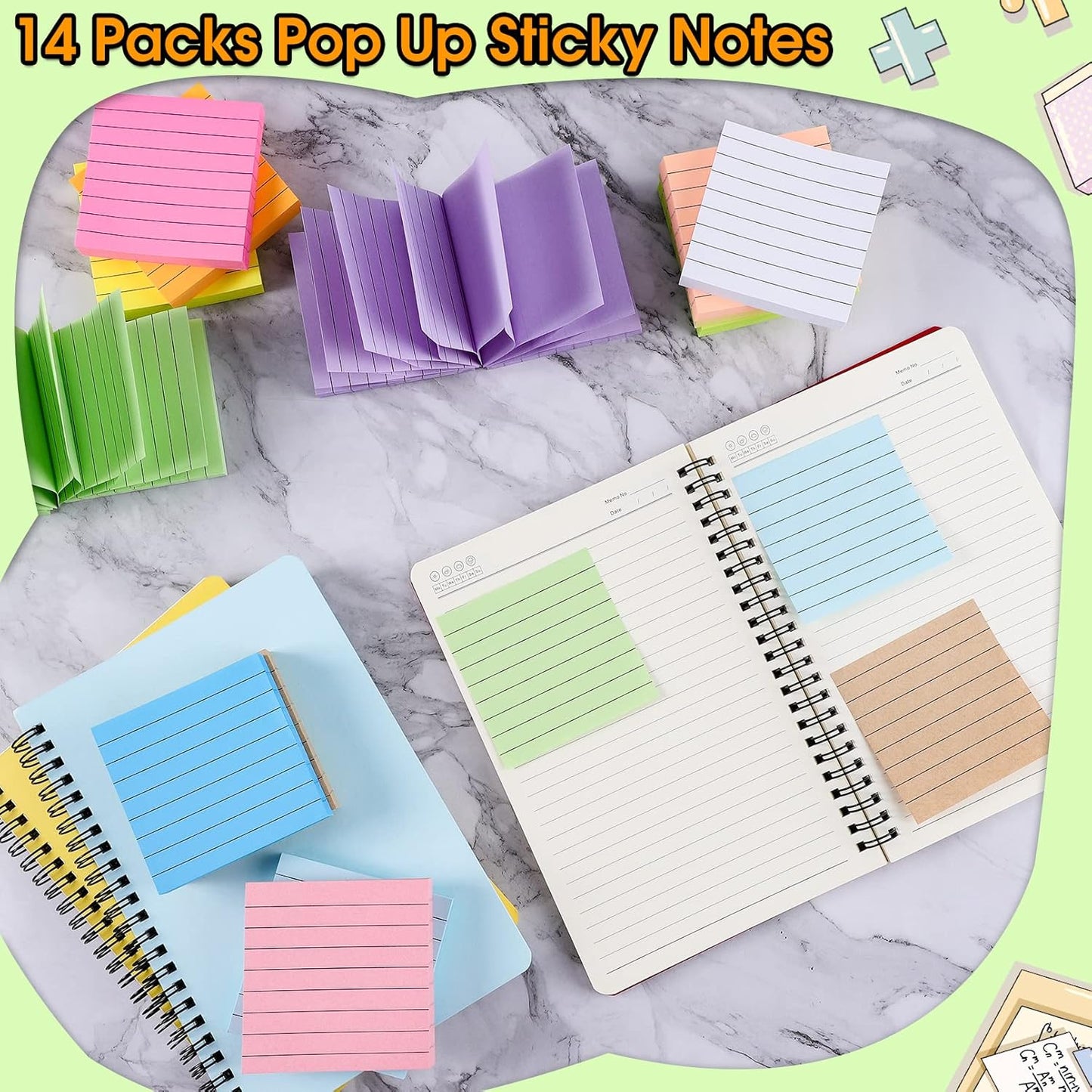 14 Pads Pop Up Sticky Notes,1400 Sheet Lined Sticky Notes 3x3 Inch,Self-Stick Notes Pads with Lines,Bright Multi Colors Easy Post Notes Pop up Refill for Office Study School Daily Life,100 Sheets/Pad