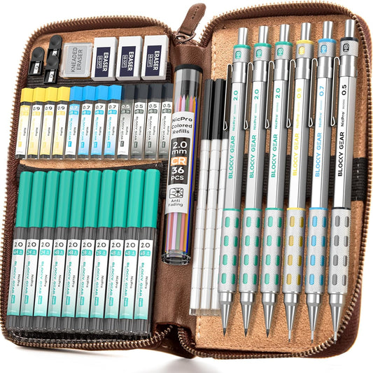 Nicpro Blocky Gear Metal Mechanical Pencil Set with Leather Case, 40PCS Art Drafting Pencil 0.5, 0.7, 0.9 & 2mm Lead Pencil with 352PCS (HB 2H 4H 2B 4B 6B Color) Lead Refills for Sketching Drawing