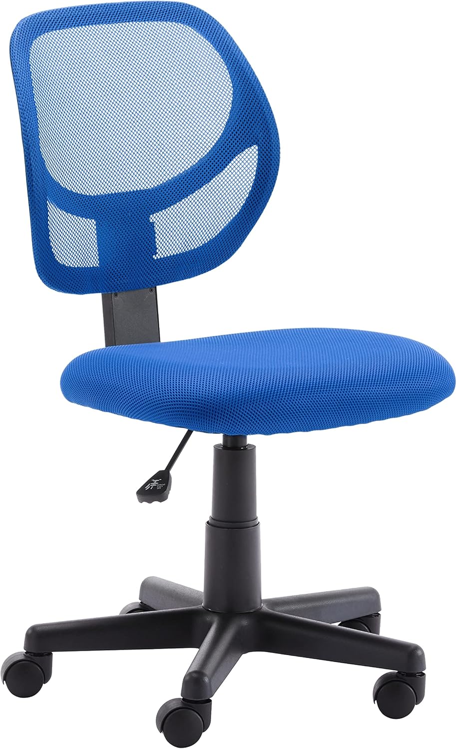 Amazon Basics Rolling Desk Chair, Adjustable, Low Back, Padded Seat, Breathable Mesh, Swivel, Blue, 21.25" D x 22.5" W x 38" H