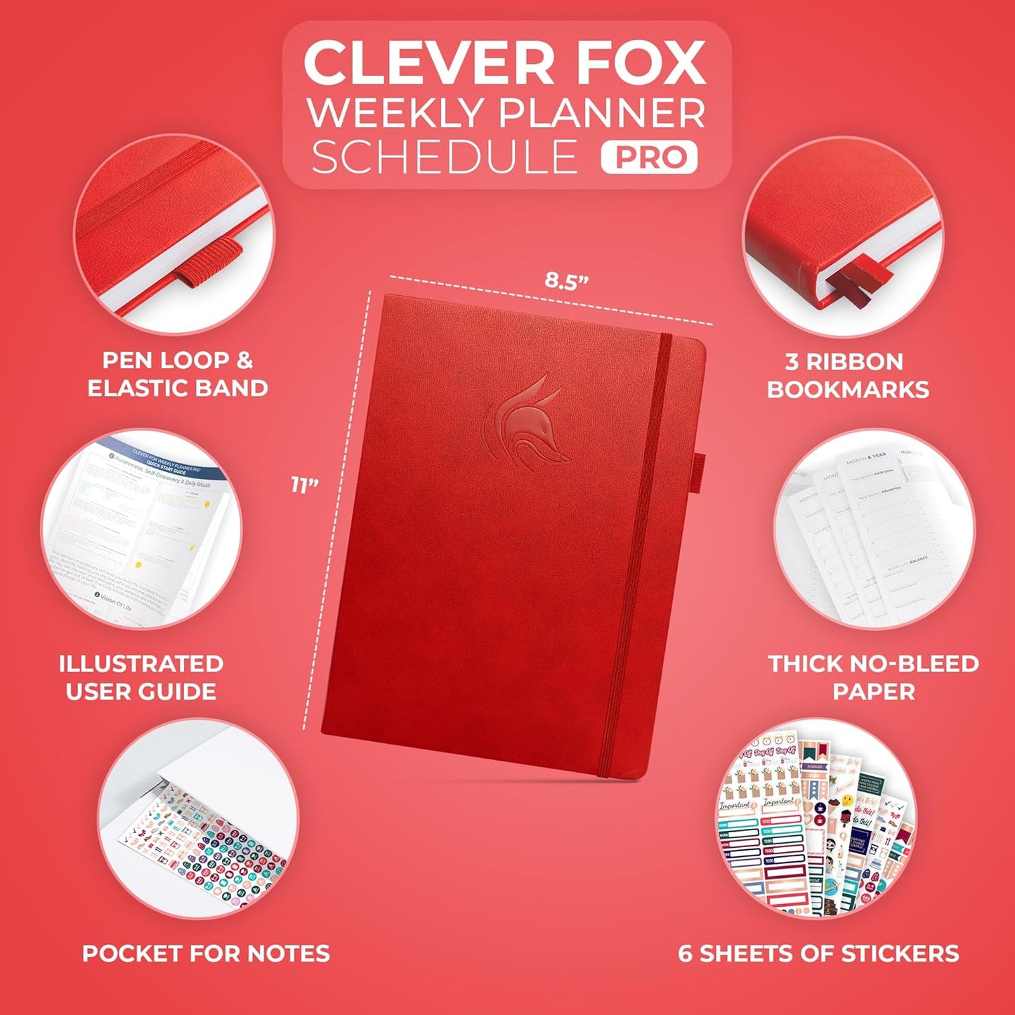 Clever Fox Planner PRO Schedule – Undated Weekly & Monthly Life Planner with Time Slots, Appointment Book & Daily Organizer, A4 (Red)