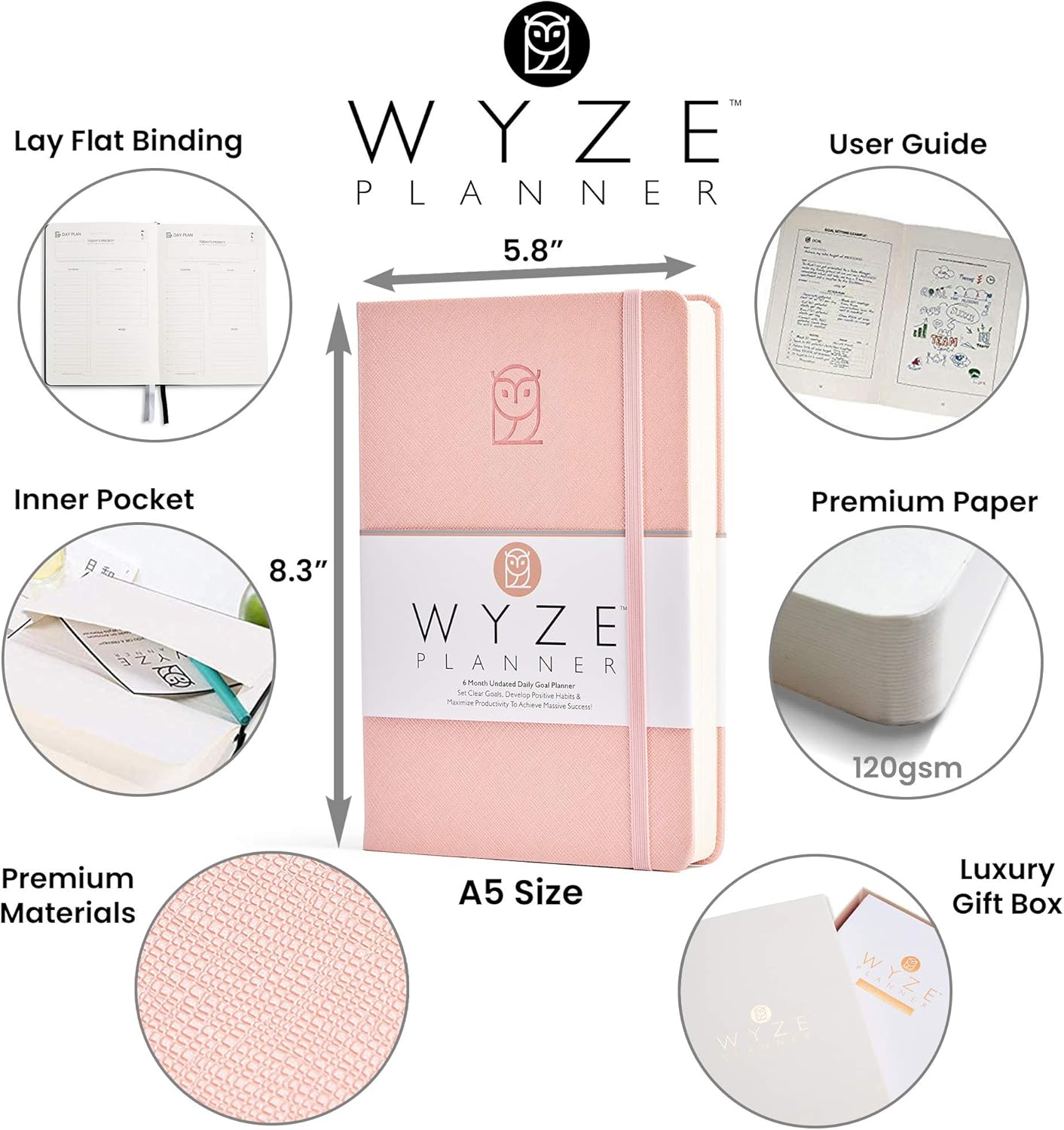 Undated Daily Planner – 6-Month A5 Productivity Organizer with Full Page Per Day, Hourly Schedule, Goal Setting, Habit Tracker, Weekly & Monthly Pages – Hardcover Time Management Notebook (Pink)