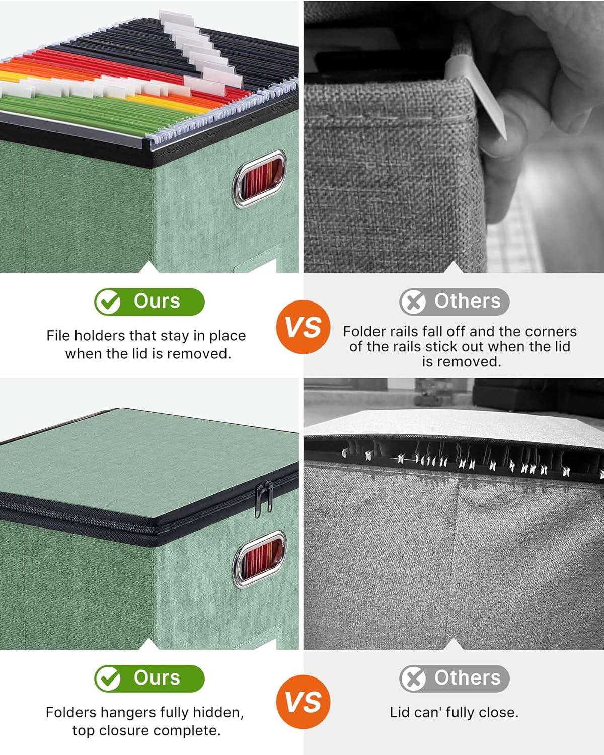 Oterri 1 Pack Large File Organizer Boxes with Lids, File Box with Mesh Pockets, Document Organizer Box for Letter/Legal Size Folders, Zippers Important Document Organizer (Green, Without Folders)