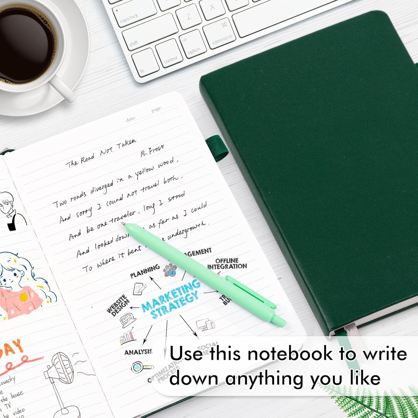 feela 12 Pack Notebooks Journals Bulk with 12 Black Pens, A5 Hardcover Notebook Classic Ruled Journal Set with Pen Holder for School Business Work Travel Writing, 120 GSM, 5.1”x8.3”, Dark Green