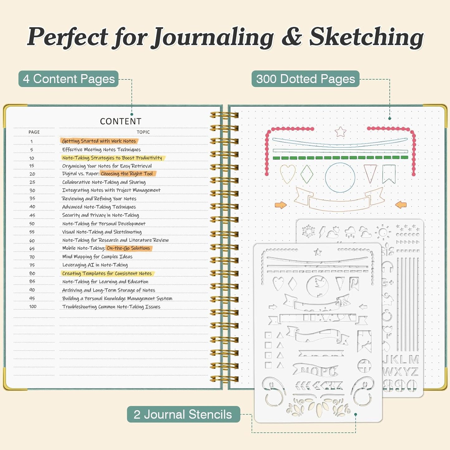 Bullet Dotted Journal Spiral Notebook, 300 Pages Leather Notebooks with Contens, 120 GSM Thick No Bleed Through Paper Journals, A4 Large Dot Grid Notebook for Women Men Work Writing, 8.5" x 11", Green