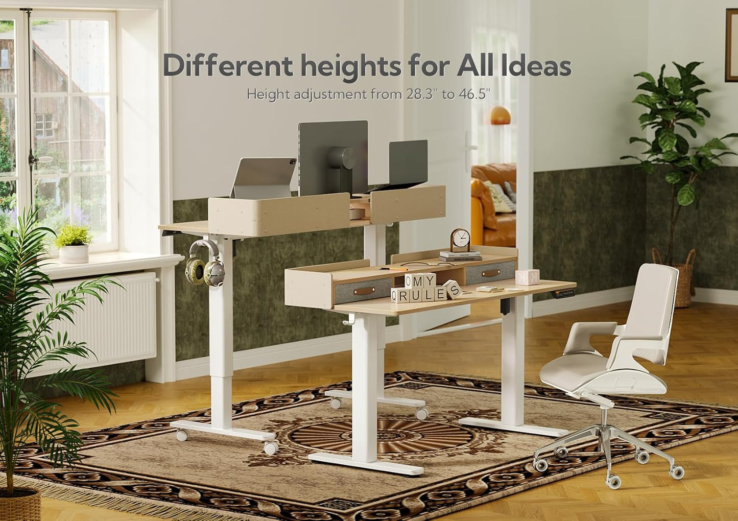 YDN Standing Desk with Drawers, 59 Inch Standing Desk Adjustable Height, Adjustable Electric Stand Up with Storage and Shelf, Natural