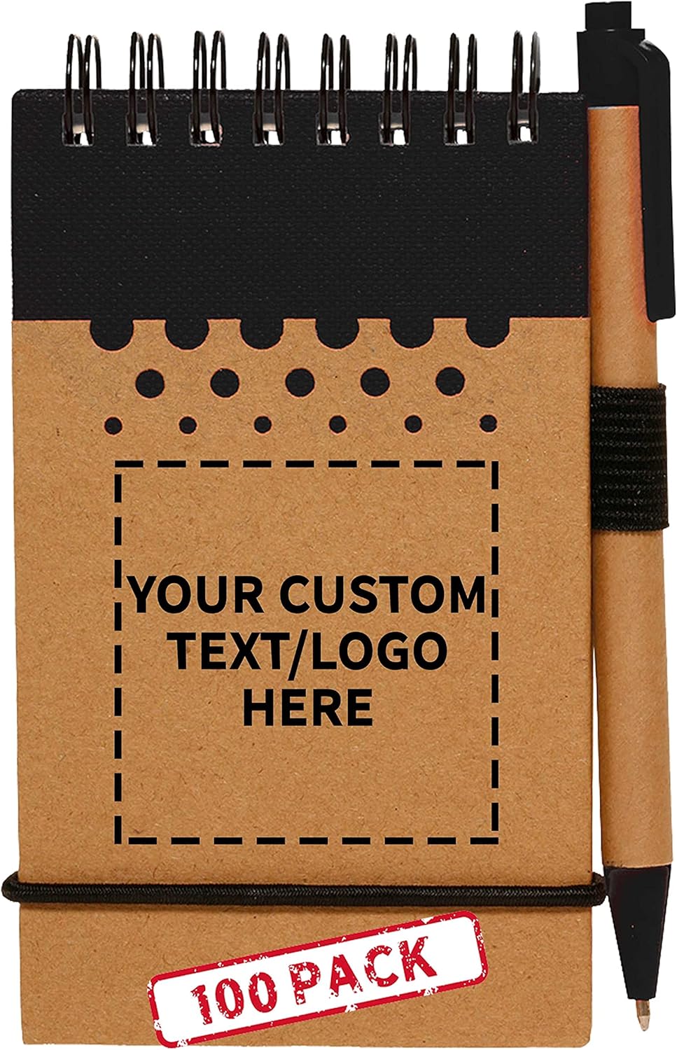 DISCOUNT PROMOS 100 Recyclable Spiral Small Notebooks Pack - Customizable Text, Logo - 60 Lined Pages - Black