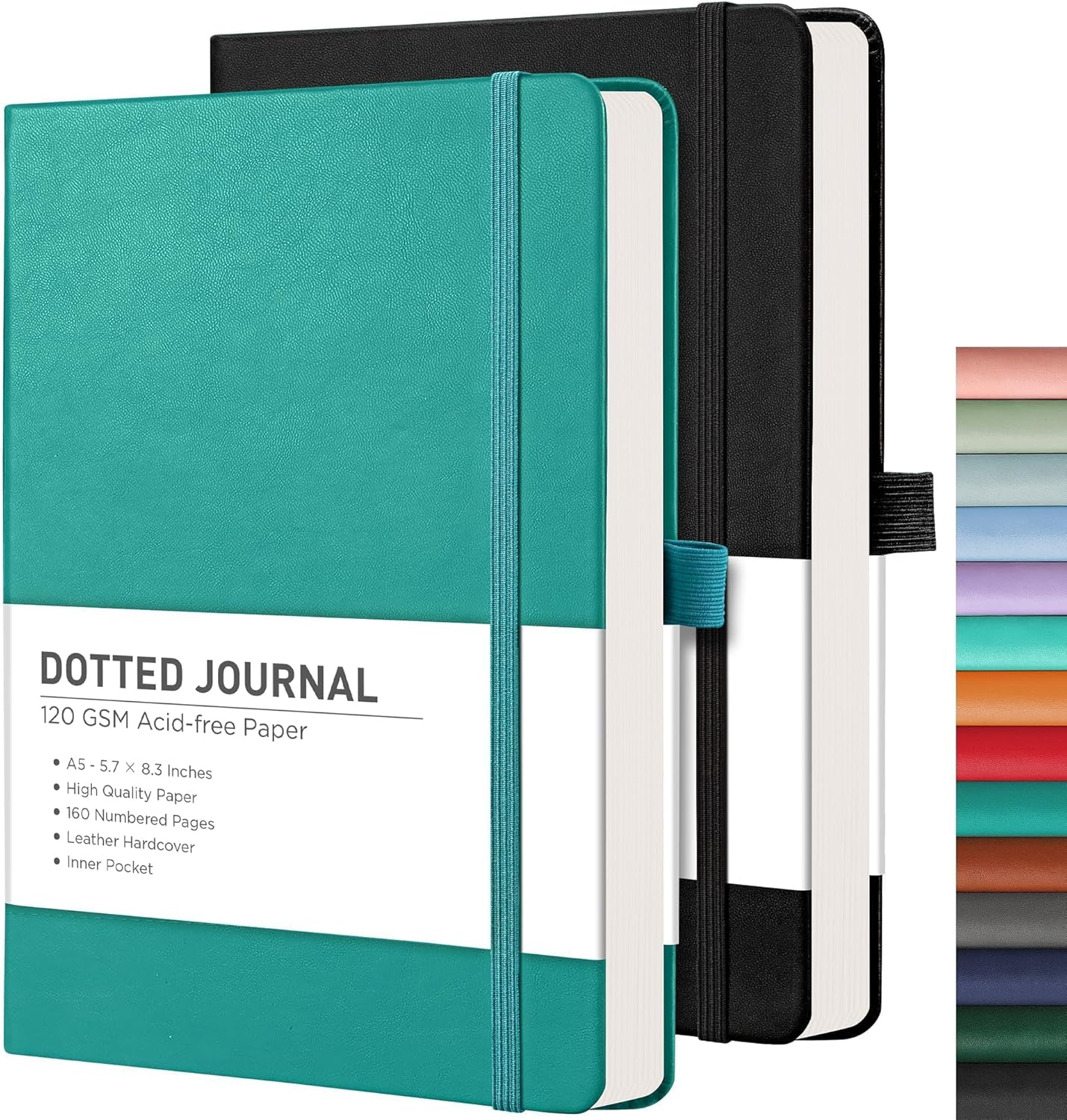 RETTACY Bullet Dotted Journal Notebook, 2-Pack, 160 Numbered Pages per Pack, A5 Medium Size (5.7'' x 8.3''), 120 GSM Thick Paper, Leather Hardcover, for Bullet Journaling (Black & Cyan)
