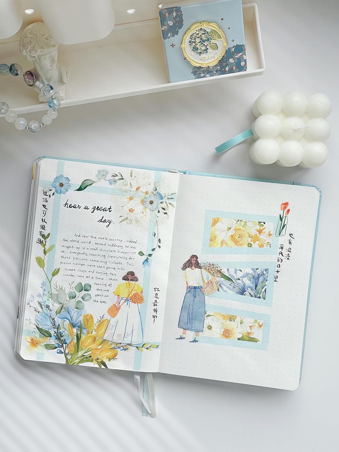 WT Serene Wide PET Tape, Single Roll, Original Designs, Watercolor Blue Flower Decorative Tape, Transparent Clear Adhesive Tape, Journal Scrapbook Bujo Planner DIY Craft Supplies