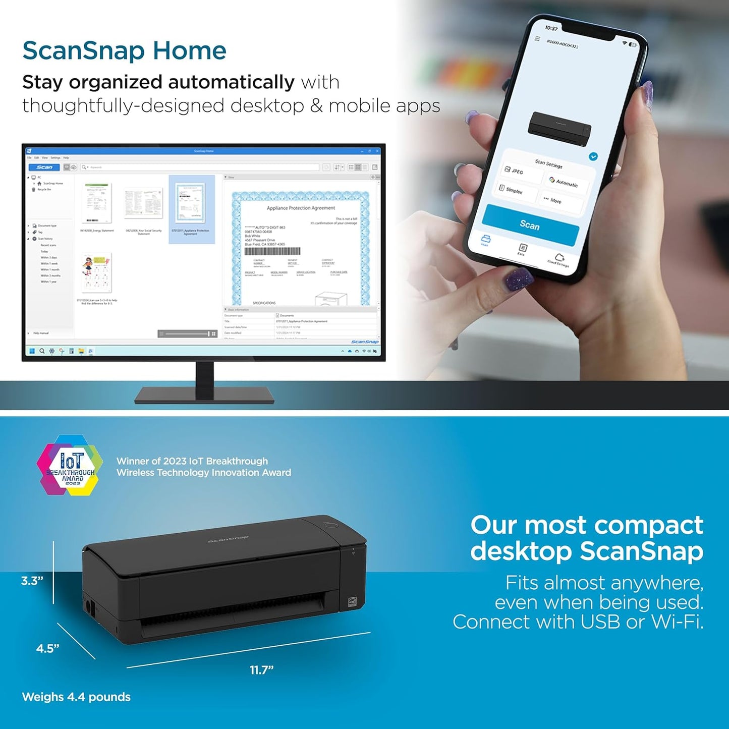 ScanSnap iX1300 Compact Wireless or USB Double-Sided Color Document, Photo & Receipt Scanner with Auto Document Feeder and Manual Feeder for Mac or PC, Black