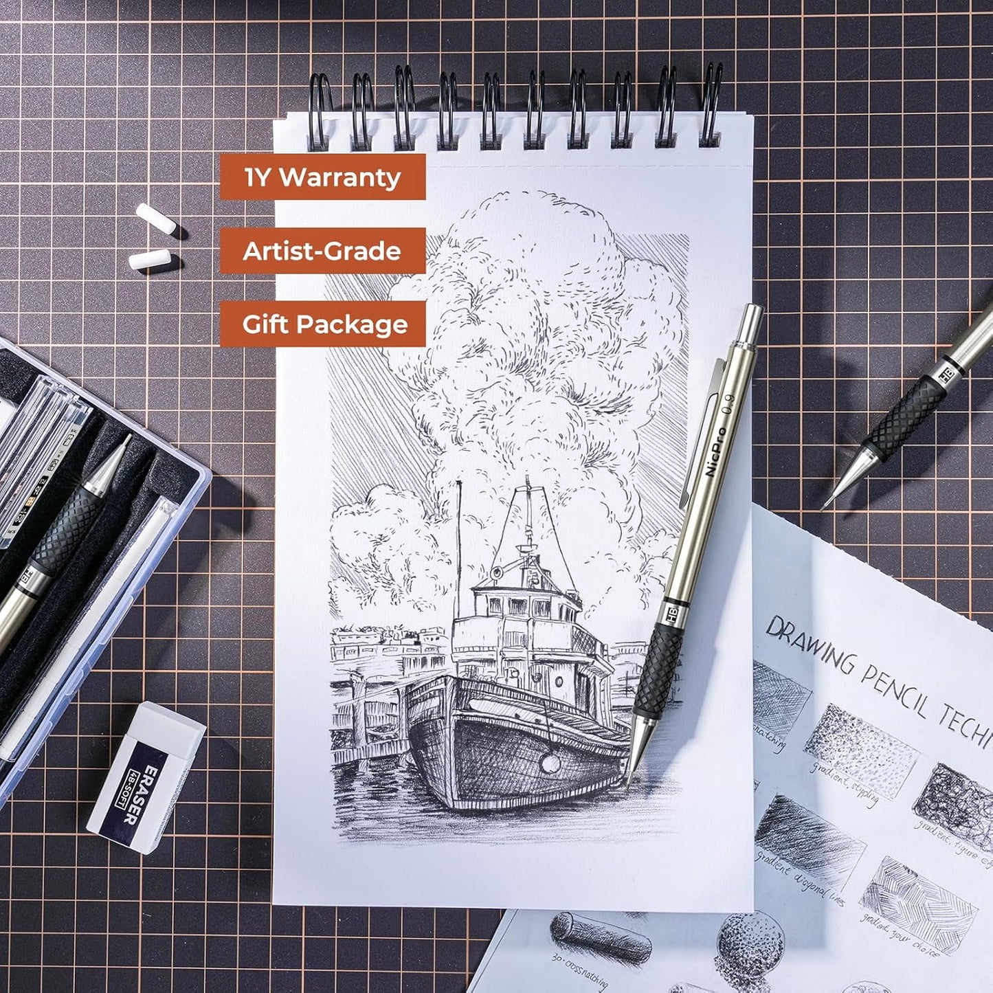 Nicpro RG1000 0.9 mm Art Mechanical Pencil Set in Storage Case, 3 PCS Metal Drafting Pencil Lead Pencil with 6 Tube HB Refills, 3 Erasers, 9 PCS Eraser Refills for Artist Writing, Drawing, Sketching