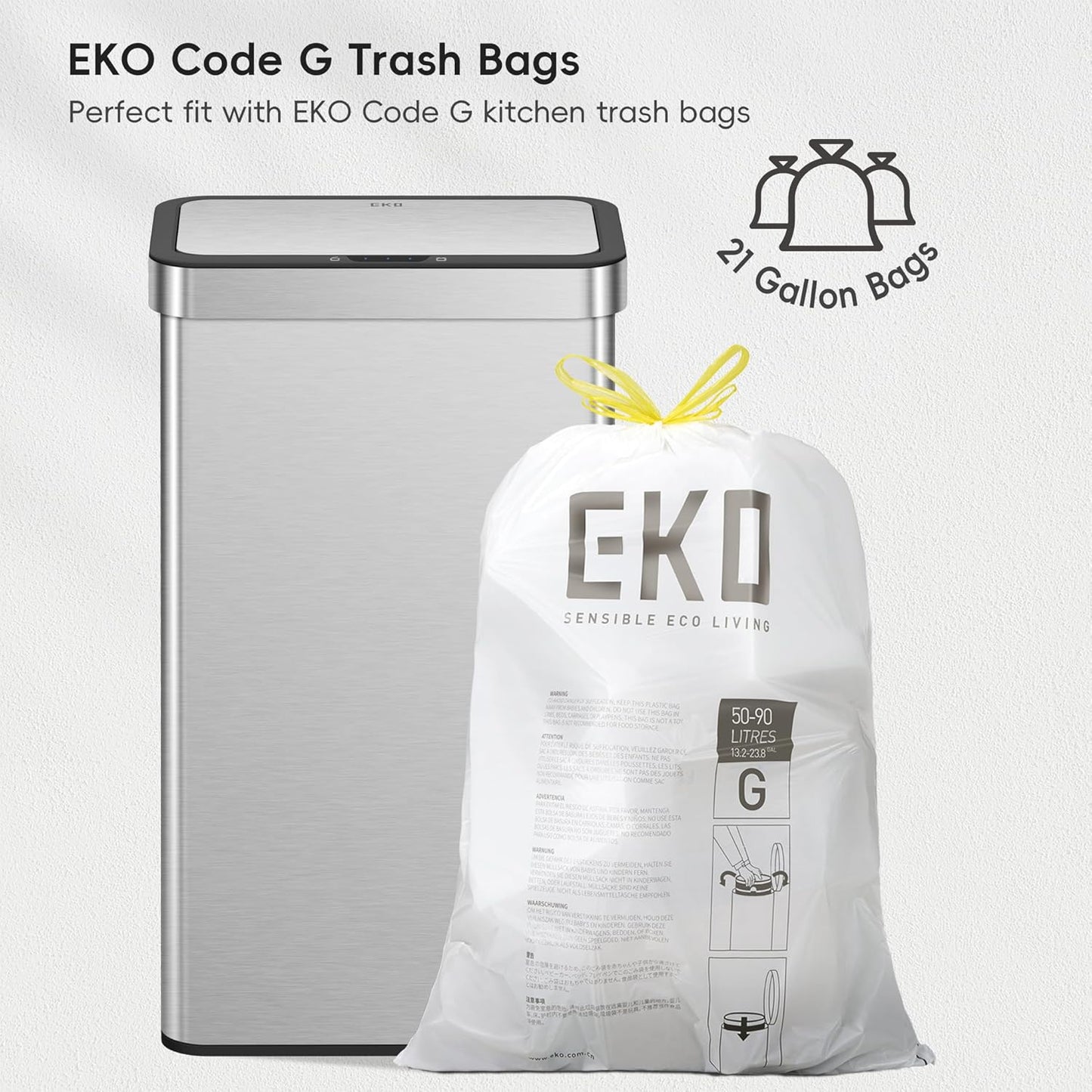EKO Nova Sensor Trash Can, 21 Gallon/80 Liter Stainless Steel Rectangular Touchless Motion Sensor Trash Can, Matte Metallic