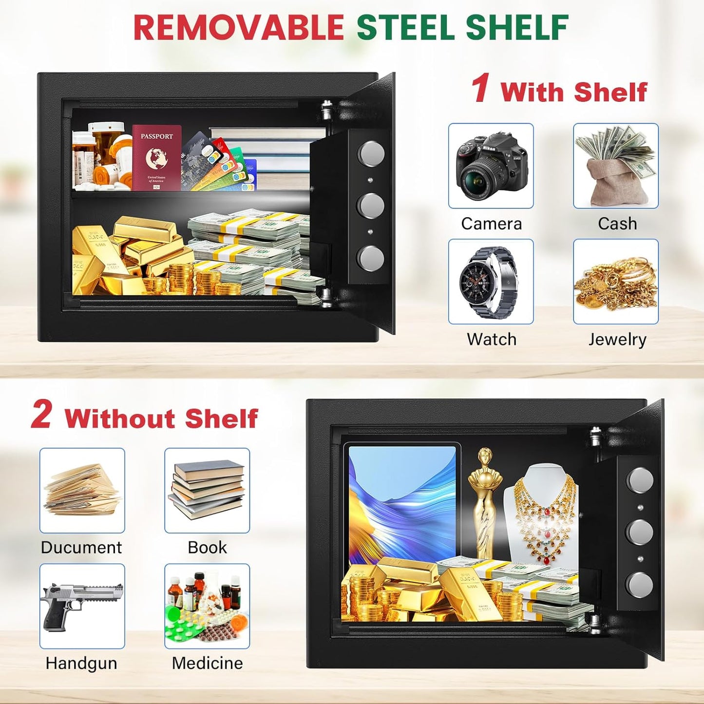 Smart Biometric Safe Box, 1.2 Cuft Fingerprint Home Safe with Digital Keypad and Spare Keys, Safety Box for Money, ID Documents, Jewelry & Valuables Home, Office, Hotel Use