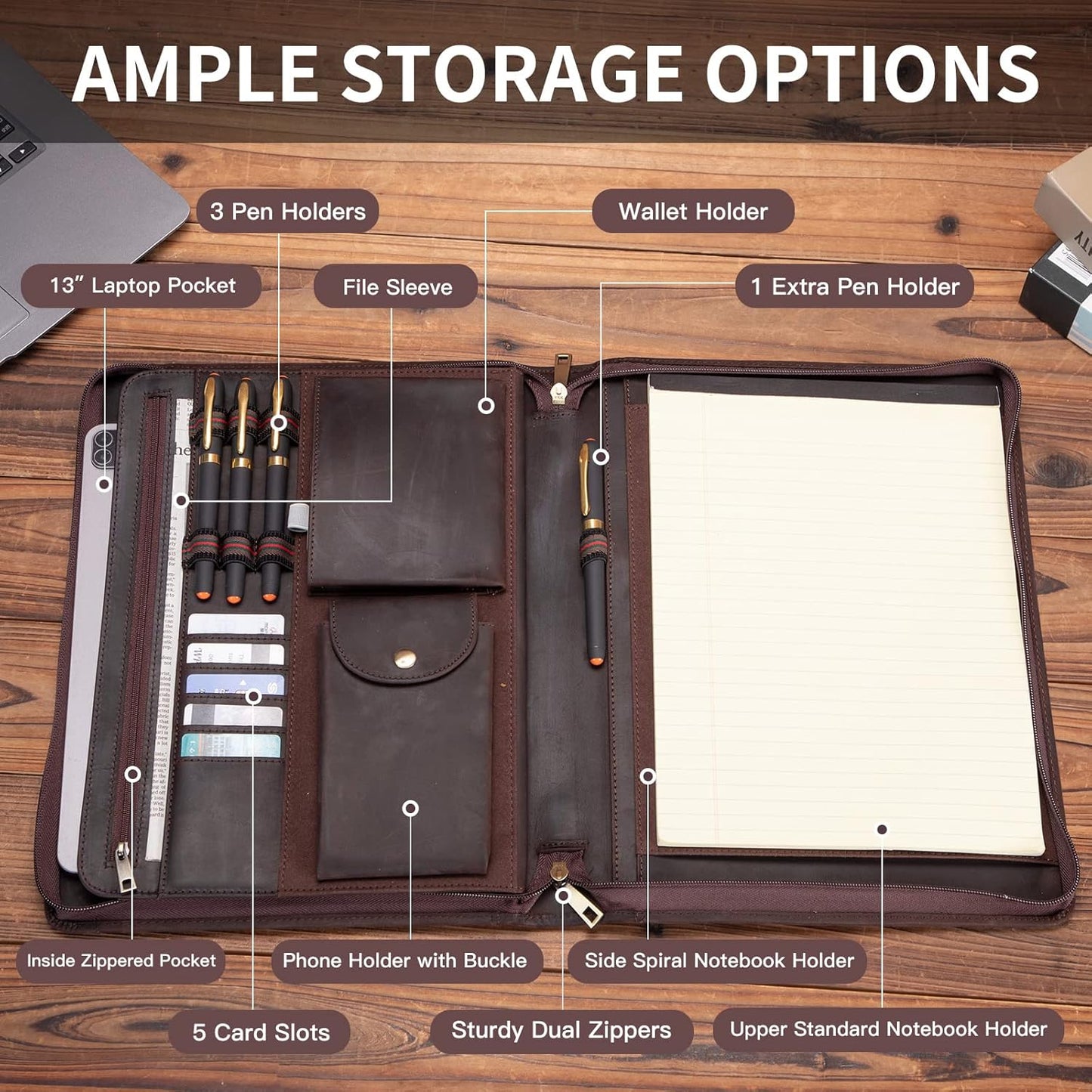 Personalized Genuine Leather Portfolio with Front Pocket for Men and Women, Custom Engraved Zippered Padfolio Binder for 8.5 x 11 Legal Pad Notebook, Professional Laptop Case, Dark Brown