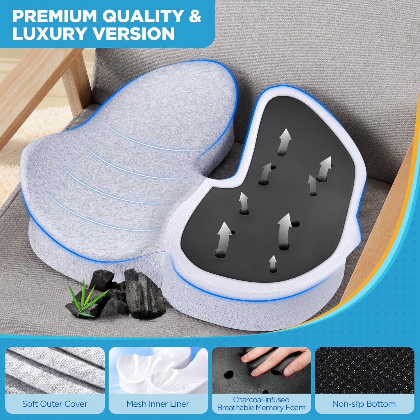 BEAUTRIP Seat Cushion Charcoal Memory Foam Cushion for Office Desk Chair, Car Driving Seat - Sciatica, Tailbone & Back Pain Relief Donut Butt Pillow - Seat Pad for Elderly, Drivers, Office Workers