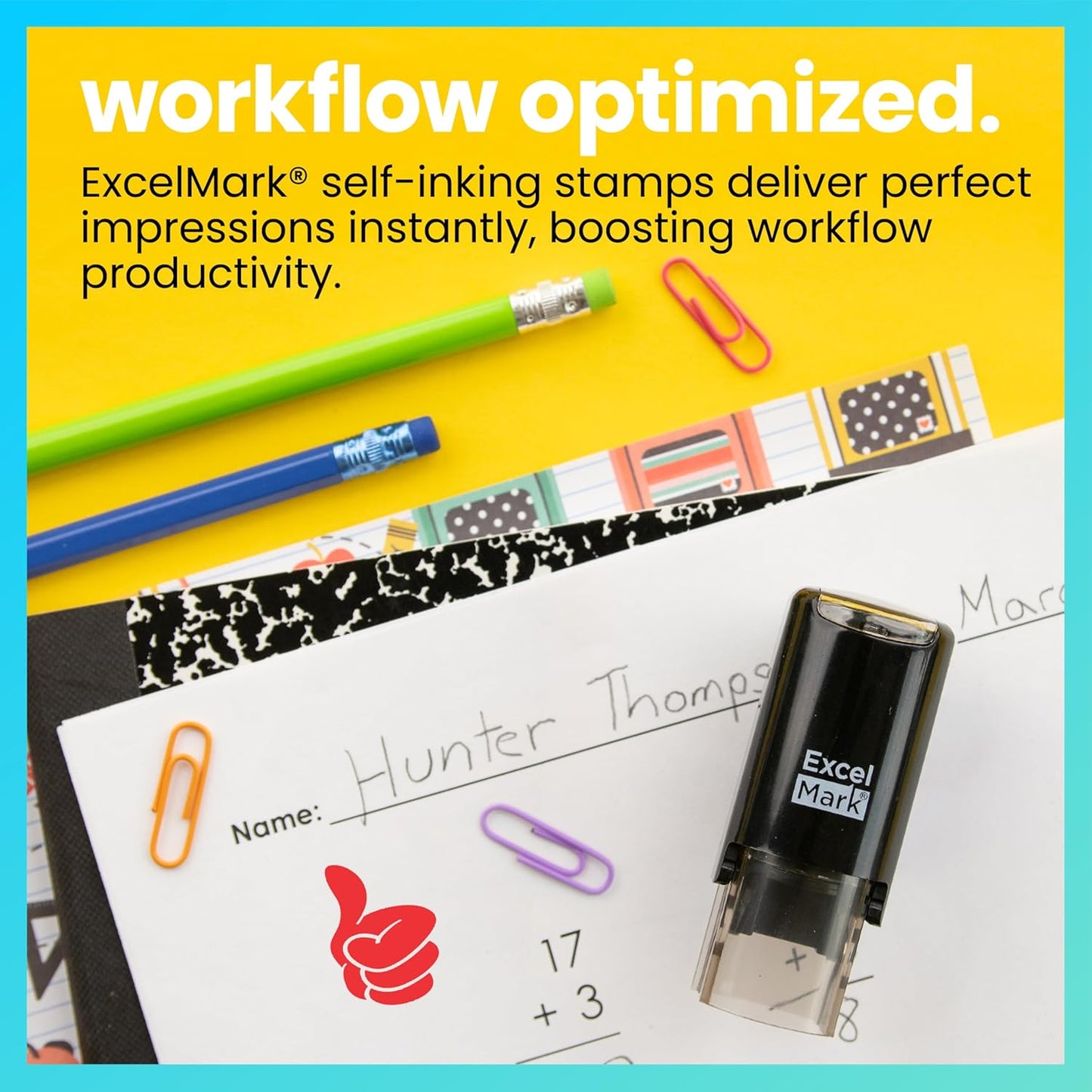 ExcelMark Round Teacher Stamp - Thumbs UP (Solid) - RED Ink