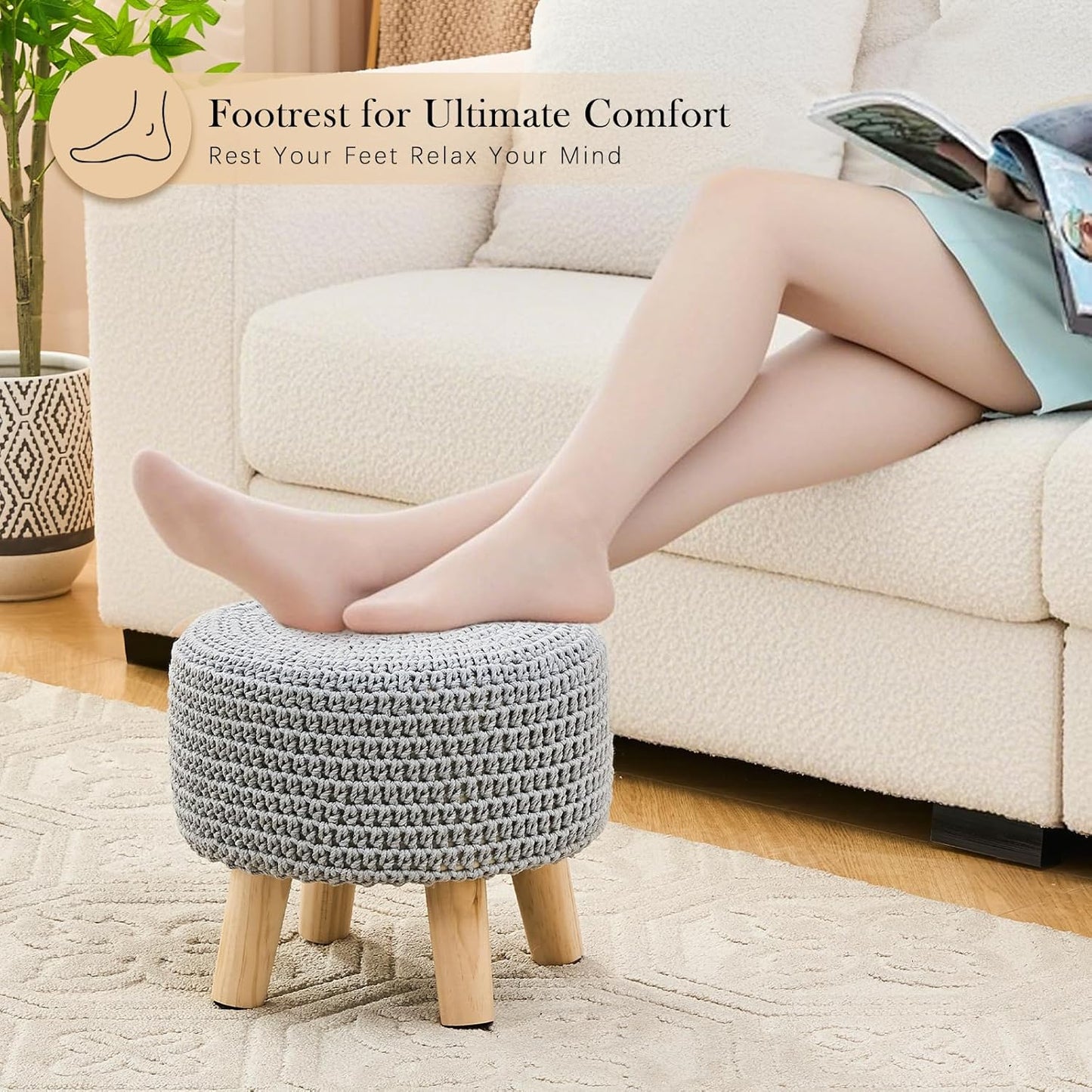 Boho Ottoman Foot Stool Cotton Knitted Round Pouf Ottoman Foot Rest Stool with Non-Skid Wooden Legs Step Stool Padded Seat for Living Room Gray