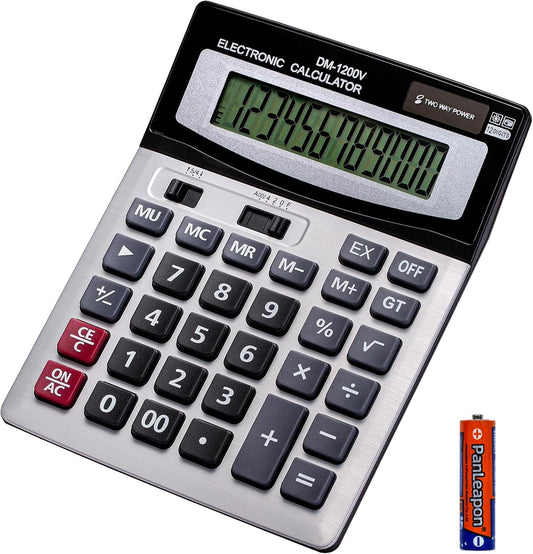 12 Digit Desktop Calculator with Large LCD Display and Sensitive Button, Dual Solar Power and Battery, Standard Function for Office (YE1200v)