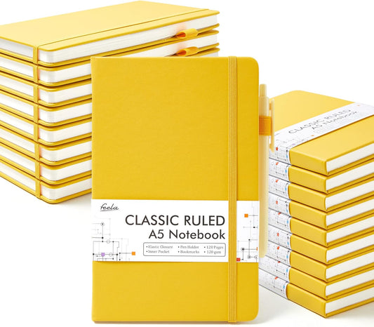 feela 18 Pack Journal Notebook for Work, Business Notebook Bulk Hardcover Lined Writing Journal with Pen Holder for Men Women Note Taking, with 18 Black Pens, 120 GSM, 5.1”x8.3”, A5, Yellow