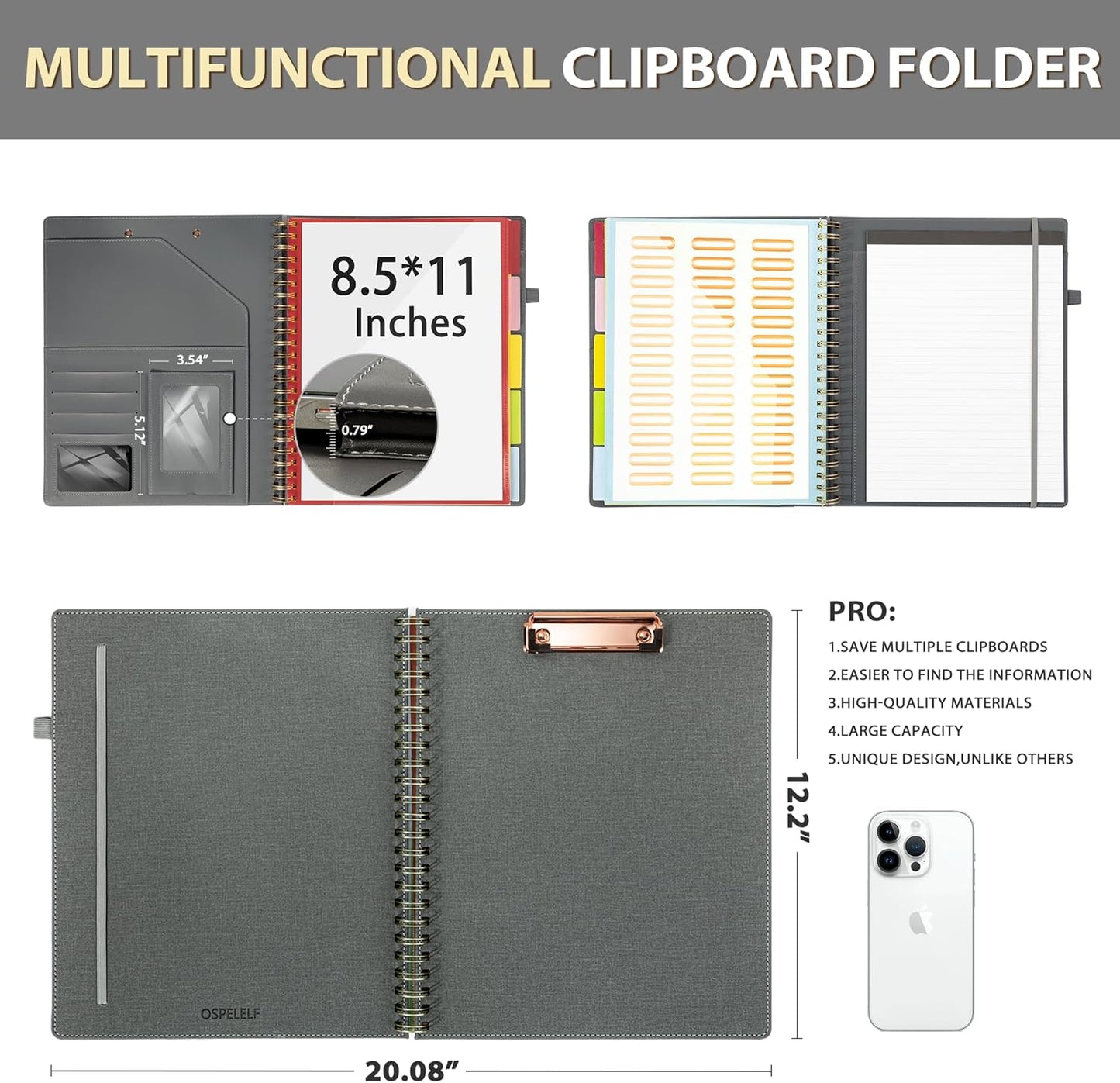 Clipboard with Storage for Men Women, Leather Padfolio Portfolio Organizer 5 Folders with 10 Pockets, Spiral Clipboard Folio with Notepad for Letter Size, Elastic Closure and Pen Loop Grey