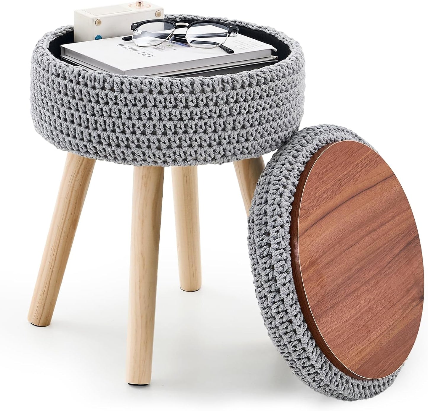 Round Foot Stool Ottoman with Storage Footrest with Wood Legs Cotton Knitted Vanity Stool Tray Top Coffee Table Multifunctional Upholstered Footstool for Living Room Bedroom Grey