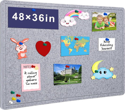 Large Bulletin Board - 48 X 36 inches Decorative Felt Pin Board - 4' x 3' Cork Board Alternative for Wall - Foldable Photo Board Self-Adhesive Vision Board Prayer Board with 30 Pushpins - Silver Gray