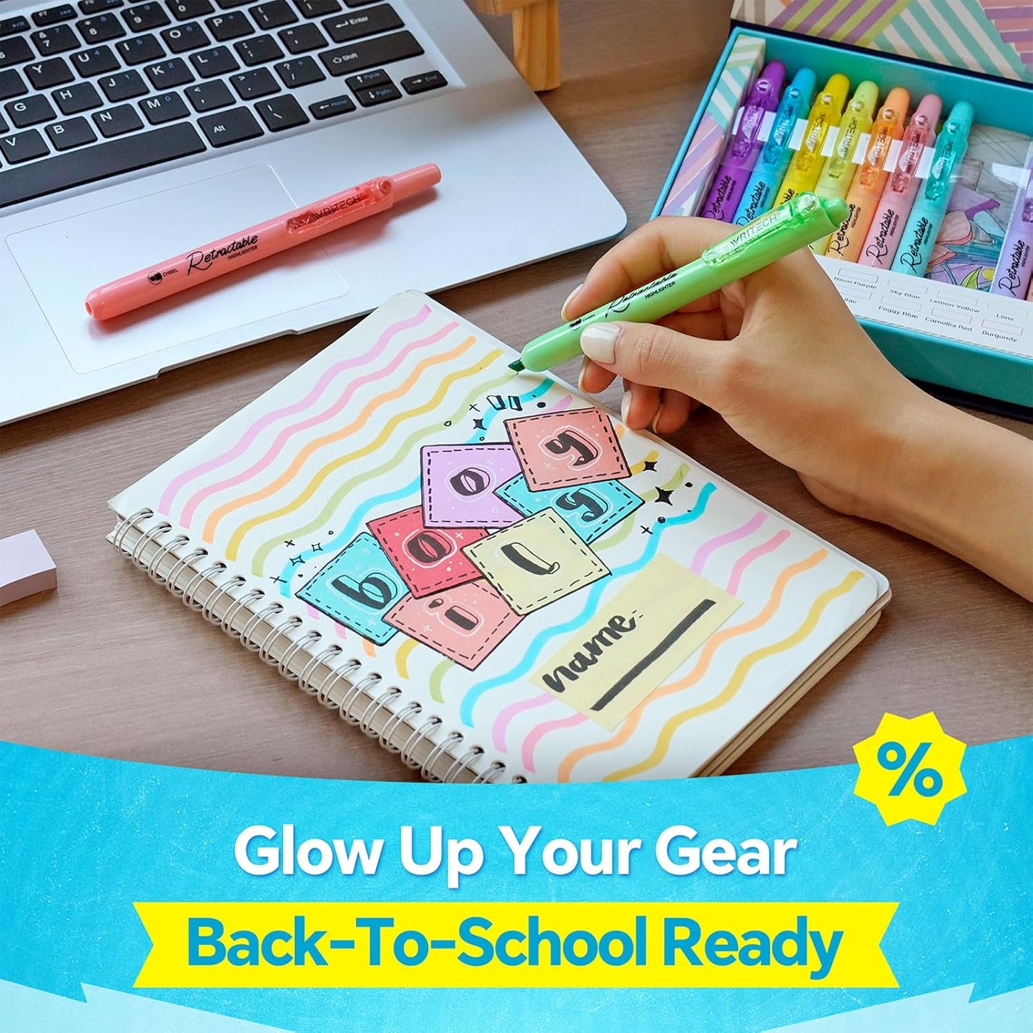 WRITECH Retractable Highlighters Assorted Colors: 18ct Aesthetic Highlighter Markers with Gift Case Multicolor Ink Chisel Tip No Smear for Highlighting Journaling Coloring Bible