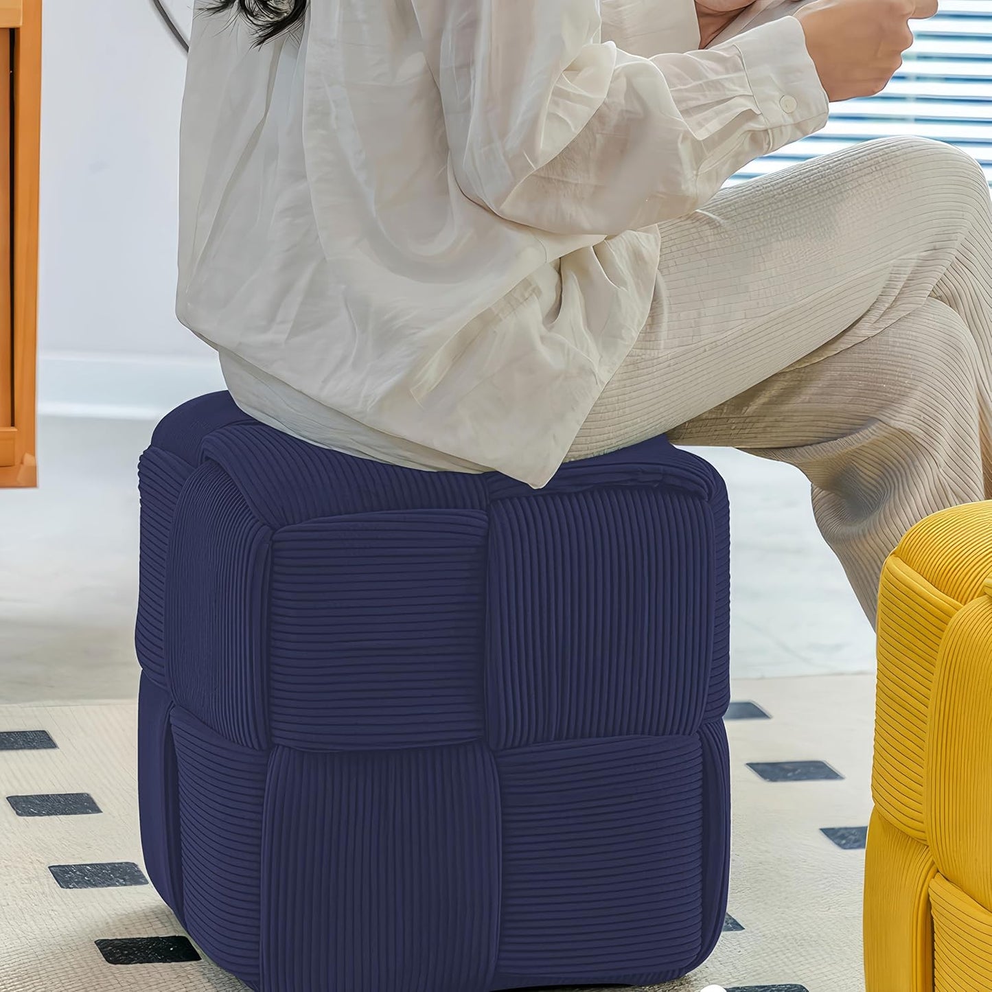Ottoman Foot Rest Soft and Comfortable Ottoman Square Corduroy Woven Design Sofa Stool (Blue)