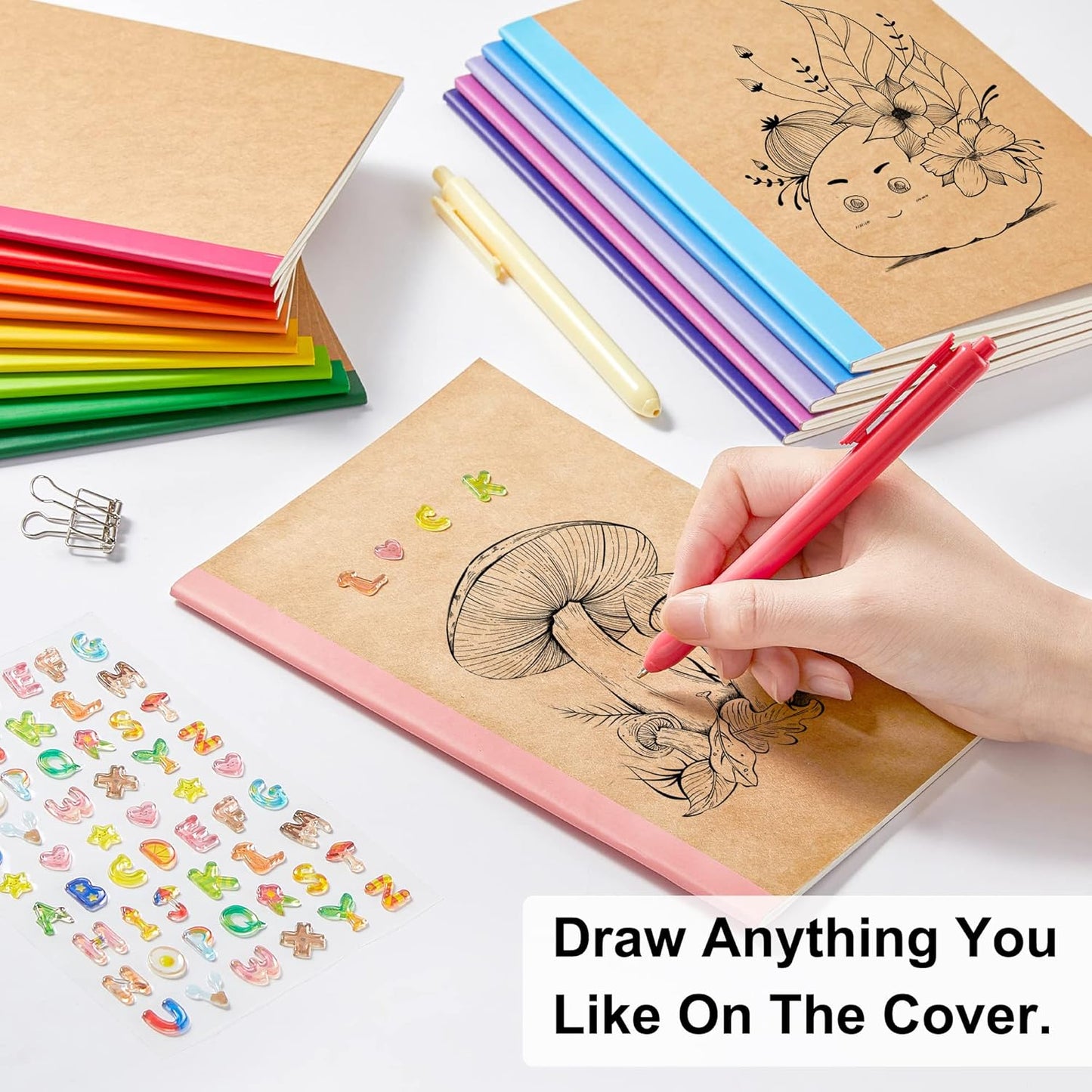 feela 16 Pack Composition Notebooks Bulk, Kraft Cover Lined Blank College Ruled Composition Travel Journals with Rainbow Spines For Women Students Business, 60 Pages, 8.3”x 5.5”, A5, 16 Colors