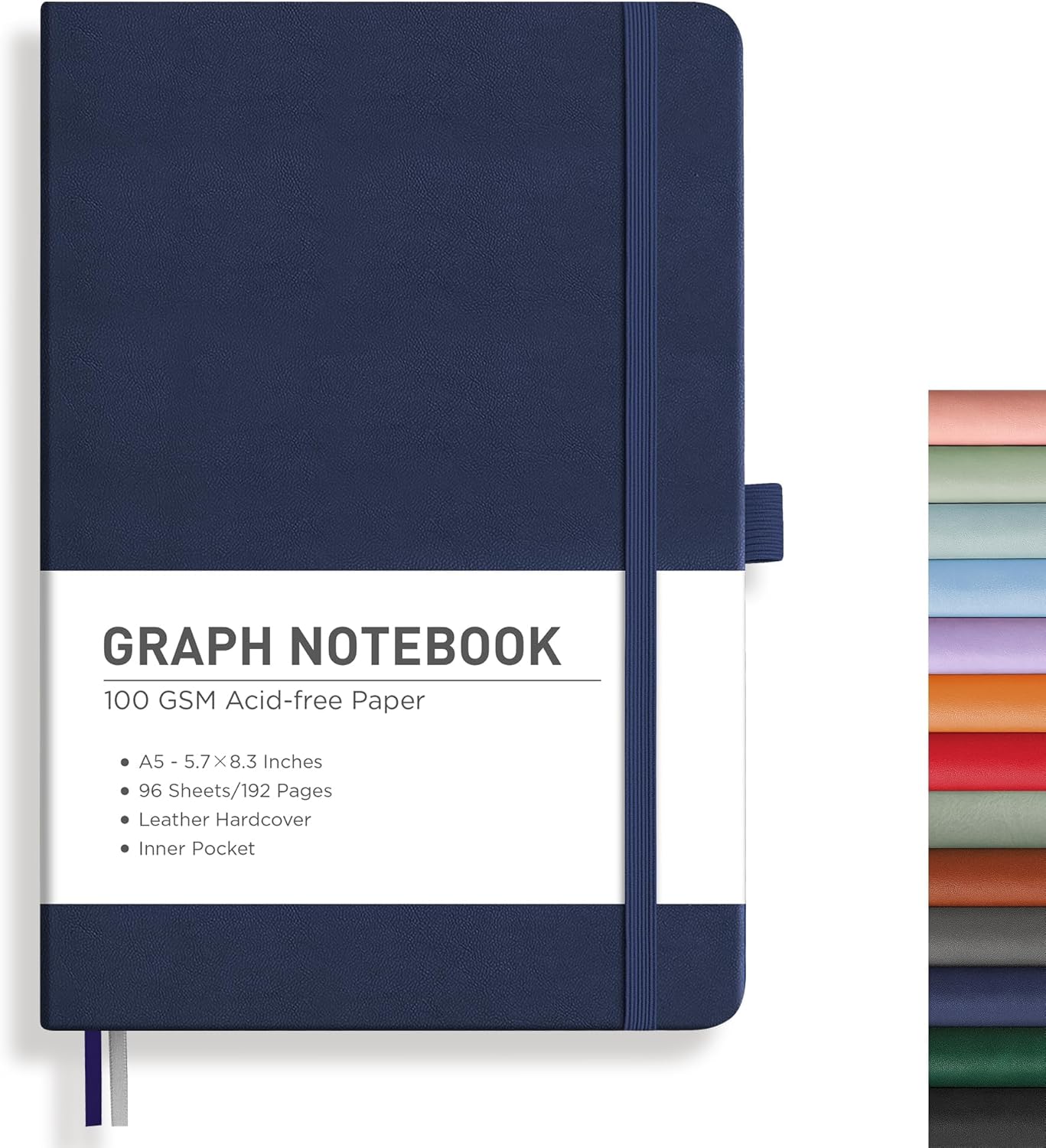RETTACY Graph Grid Paper Notebook, 192 Pages, A5 Medium Size (5.7'' x 8.3''), 5 Squares per Inch, Leather Hardcover, 100 GSM Thick Paper, for School, Students, Math, Engineering (Navy Blue)