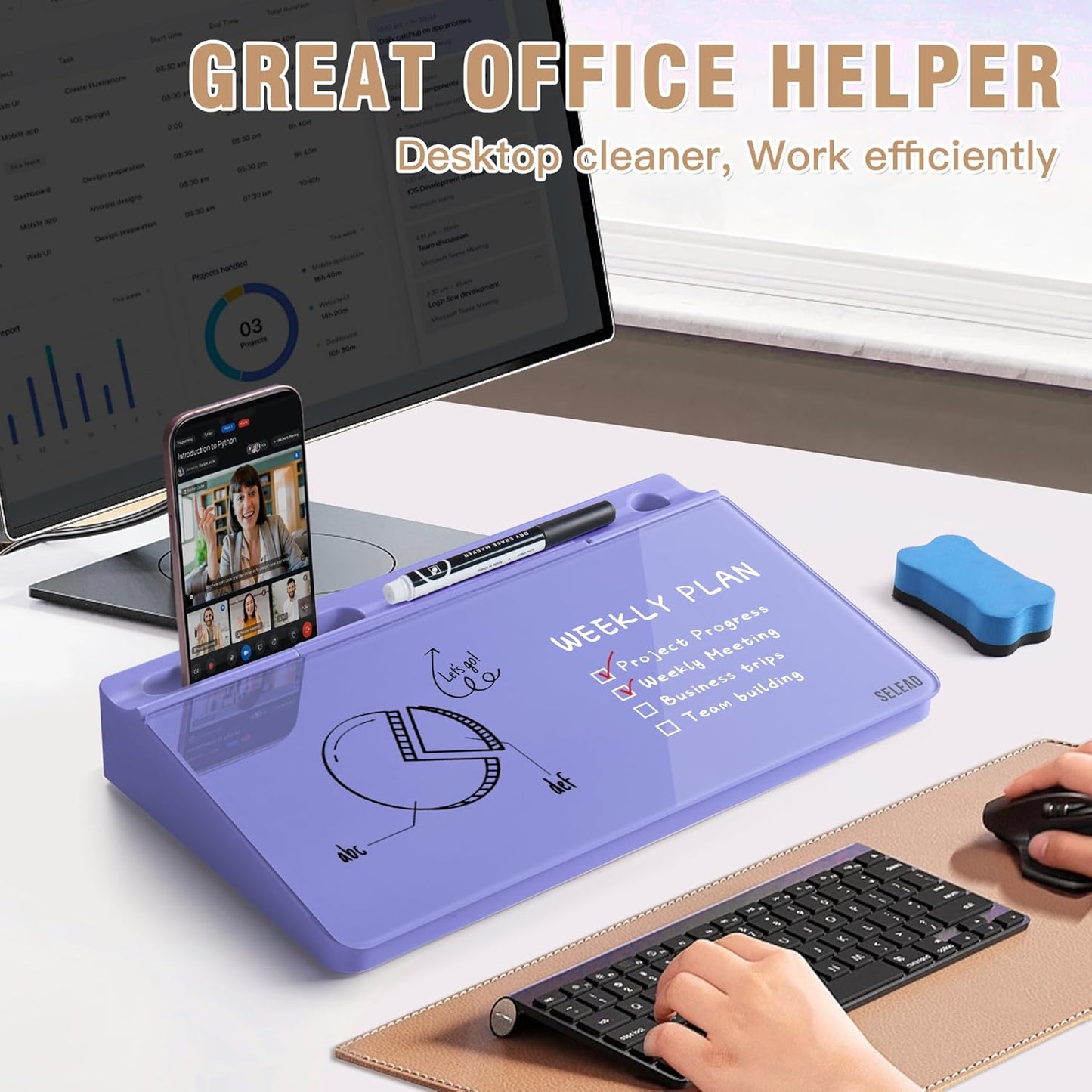 SELEAD Desktop Glass Whiteboard with Storage, Small Dry Erase White Board Computer Pad Keyboard Stand for Home, School, Office Desk Accessories - Purple