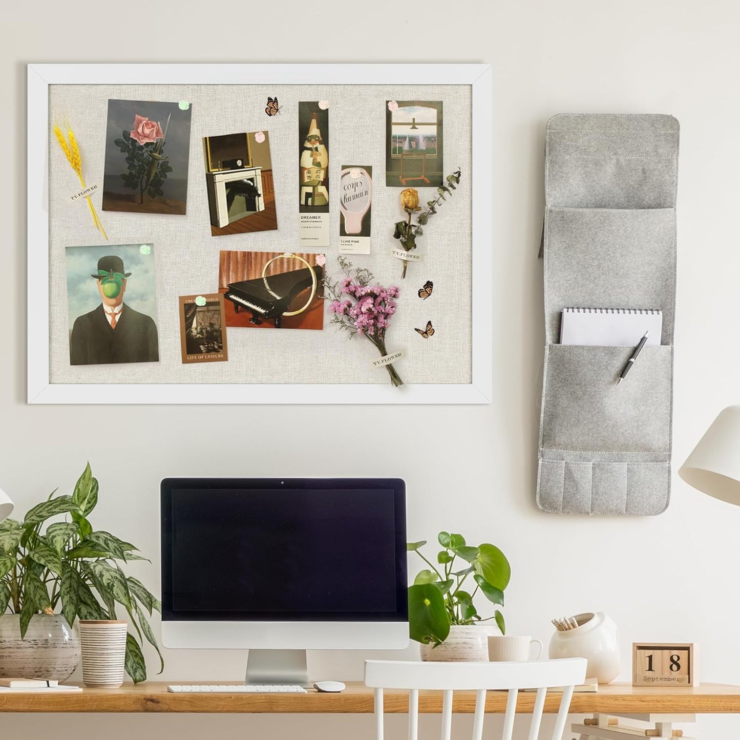 Cork Board Bulletin Board 18" x 24", Large Linen Corkboards with Frame for Walls, Cute Picture Display Pin Board Vision Board for Room School Office Bedroom 20 Pushpins Vintage White