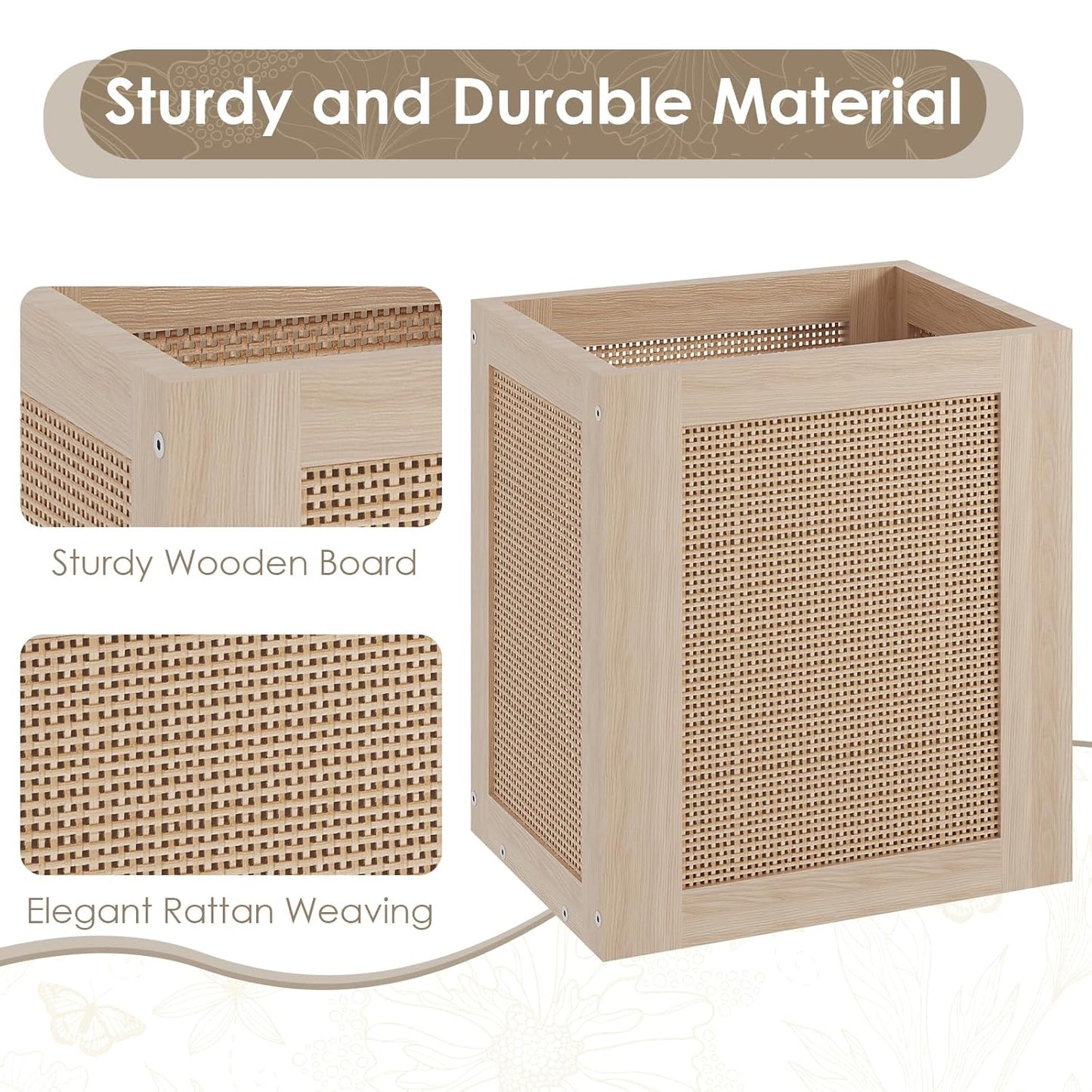 Retro Office Trash Can, Iron and Wood Combination Bedroom Garbage Can, Rectangular Design Wastebasket with Handle, Industrial Style Trash Can for Home Office, 4.5 Gallon (Natural Color)