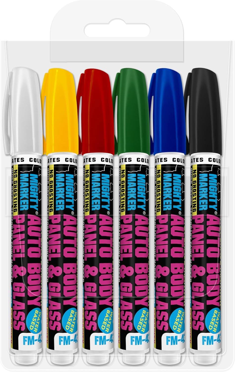 FM-43 Auto Body and Glass Paint Marker, No-Ghost, Highly Water-Resistant, 2.3mm Bullet Tip, Valve Action, 6 Bonus Reversible Tips, Made in USA - Basic Assorted 6 Pack