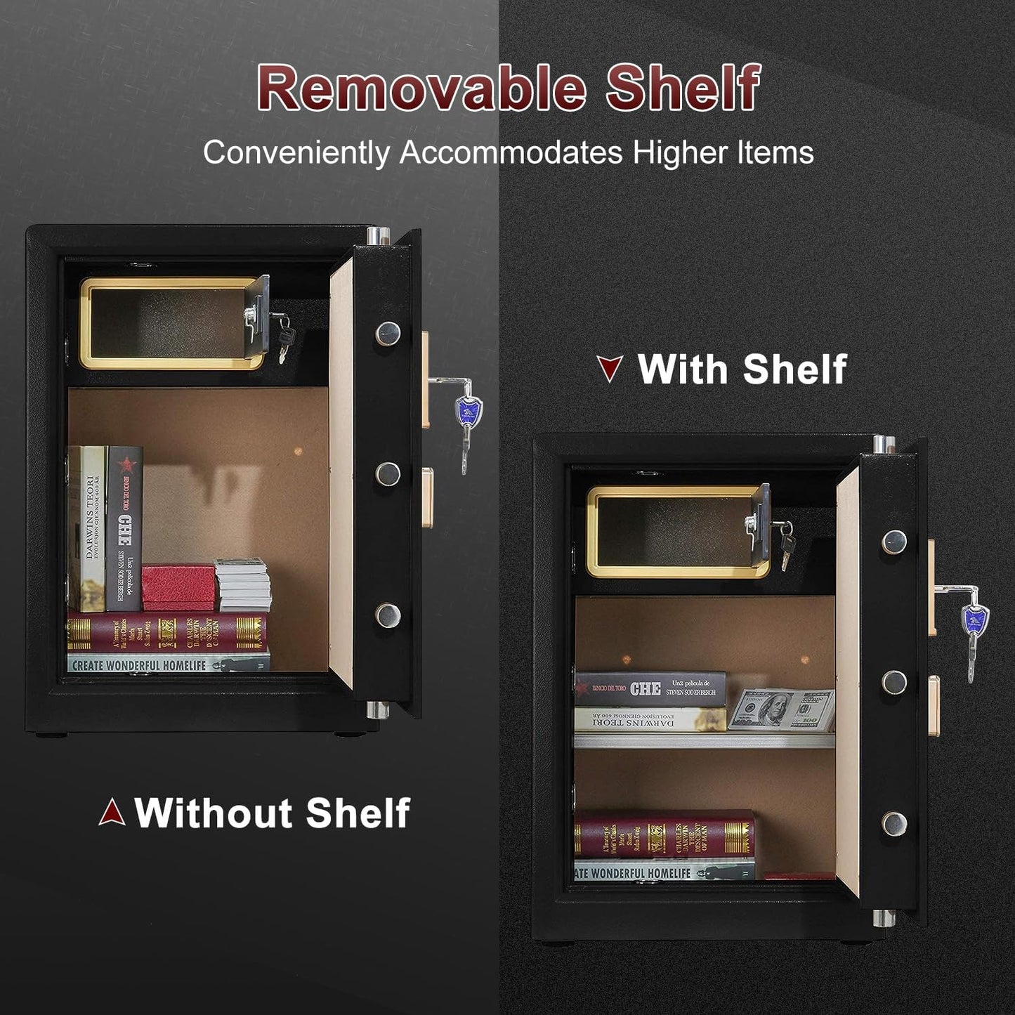 TIGERKING Safe Box,Home Safe,Large Security Box with Double Safety Key Lock and Password for Money and Document,3.7 Cubic Black