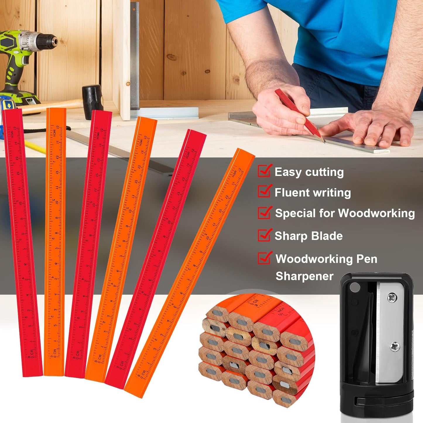 Honoson 200 Pcs Flat Construction Pencils with Printed Ruler Wood Graphite 2 Pcs Carpenter Pencil Sharpener for Woodworking Marking Tool (Orange and Red)